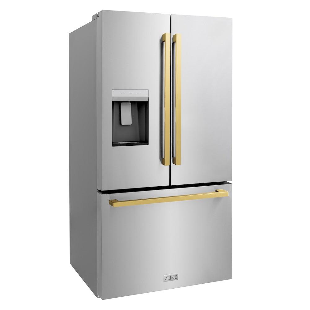 ZLINE Autograph Edition 36 Inch French Door Refrigerator with External Water Dispenser - 28.9 cu. ft. Capacity, Dual Ice Maker, Fingerprint Resistant Stainless Steel & Polished Gold Handles (RSMZ W 36 FG) - Perfect for Modern Kitchens, Entertaining & Large Family Homes