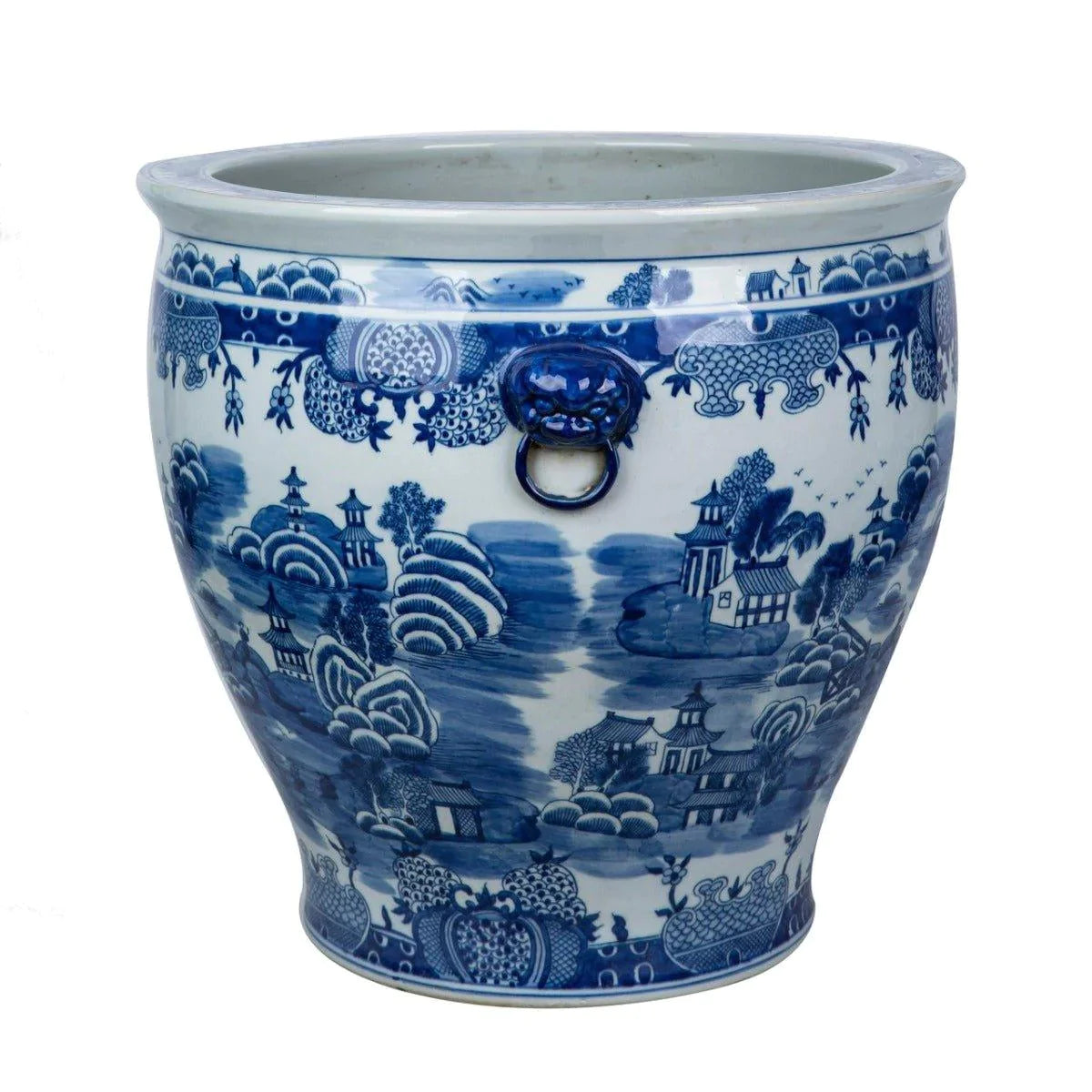 Blue and White Mountain Pagoda Porcelain Planter with Lion Handle - Elegant Flower Pot for Home Decor, Office Desk, Garden & Patio - Perfect for Succulents, Herbs & Small Plants