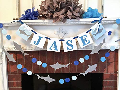 Shark Birthday Decorations - Shark Birthday Banner & Baby Shower Decor - Personalized Children's Name Banner for 1st Birthday Party - Perfect for Ocean Theme Birthday Celebrations and Underwater Party Decor
