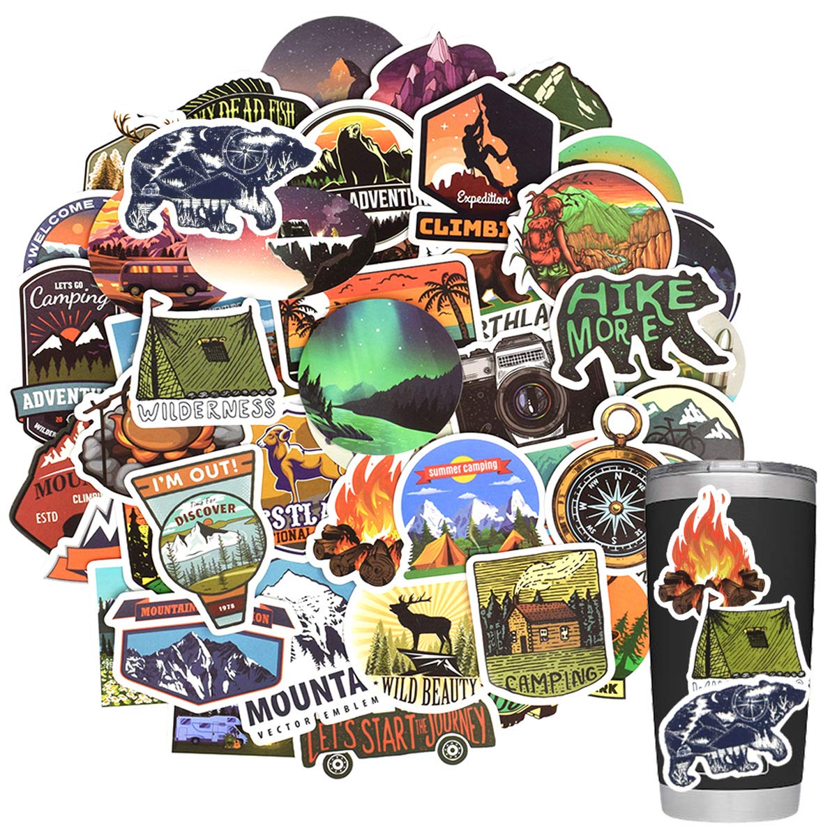 50Pcs Waterproof Vinyl Stickers for Water Bottles, Coolers & Outdoor Gear - Nature, Camping & Adventure Themed Decals for Teens, Kids, Boys & Girls - Perfect for Yeti Tumblers, Hiking Gear & School Supplies