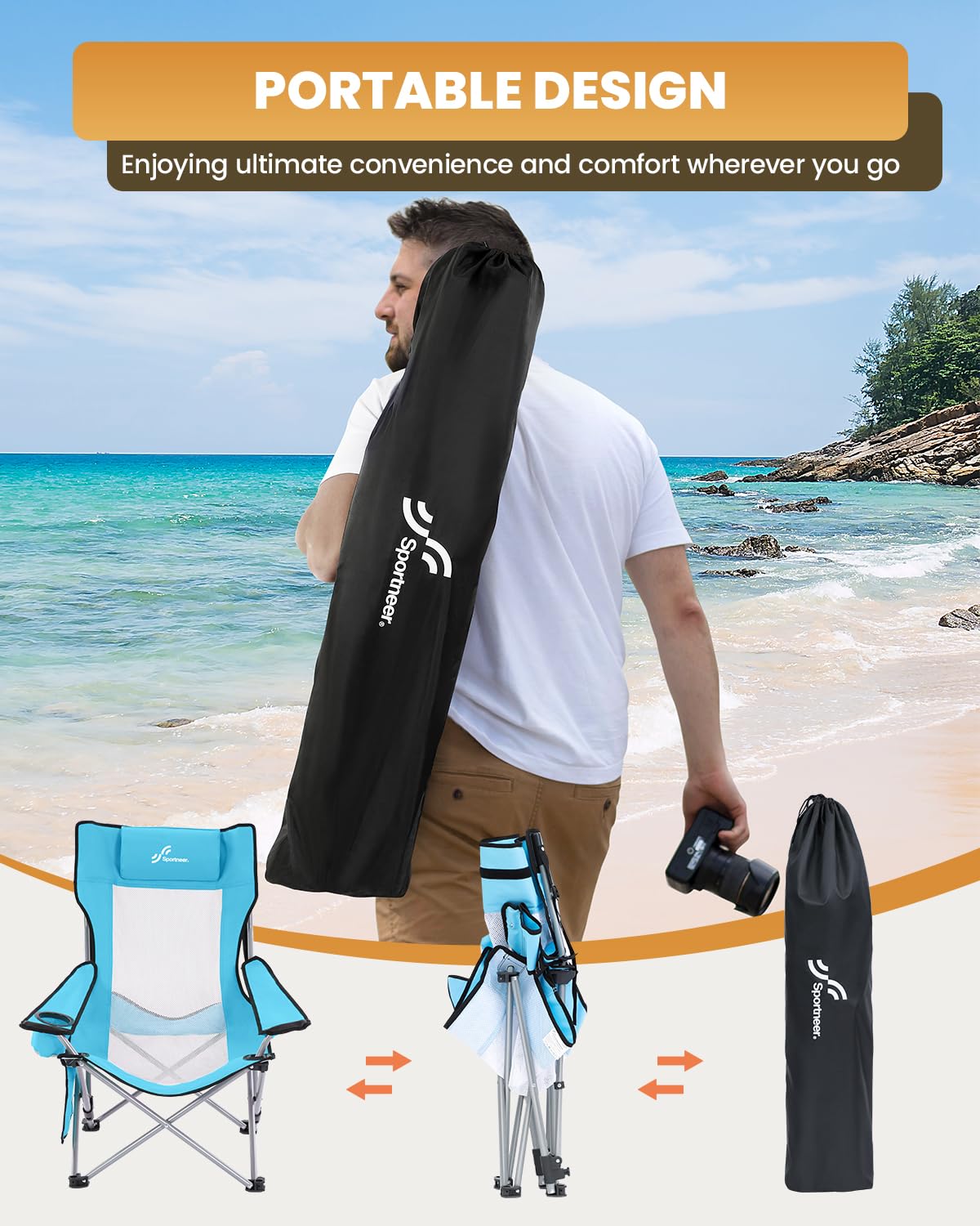 Sportneer 2 Pack Adjustable Folding Beach Chairs with Cup Holder & Side Pocket - Portable Reclining Camping Chairs for Adults, Compact Outdoor Chairs for Beach, Picnic, Backyard & Travel (Blue)
