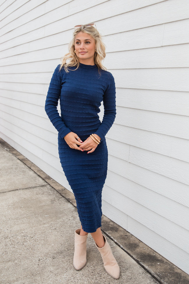 Elegant Navy Textured Column Midi Dress for Women - Perfect for Office, Cocktail Parties & Special Occasions