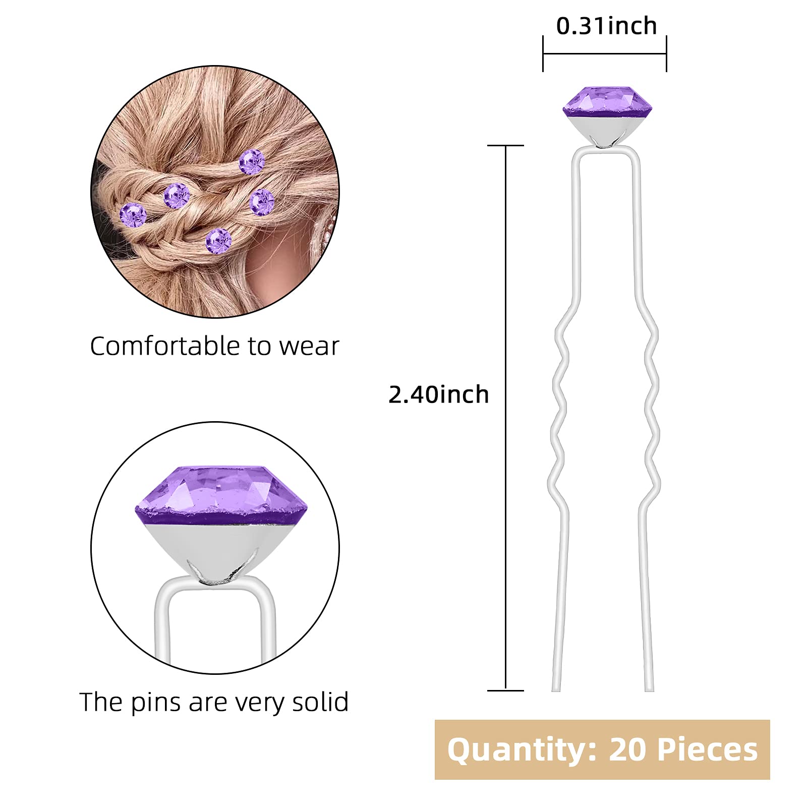 20 Pack Violet Rhinestone Hair Clips - Crystal Bridal Hair Pins for Women, Wedding Hair Jewelry Accessories with Clear Storage Case - Perfect for Bridal Parties, Prom & Special Occasions