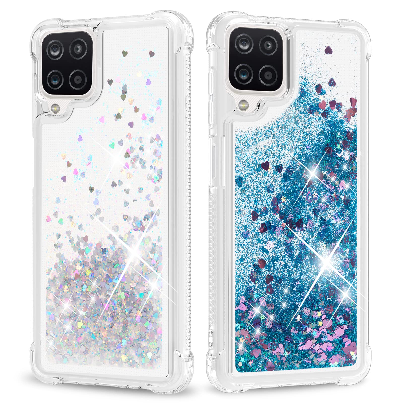 ANSHOW 2 Pack Samsung Galaxy A12 Case - Liquid Glitter Sparkly Clear Protective Phone Cover for Women & Girls (Silver + Blue) | Slim Thin Design for Everyday Use, School & Work