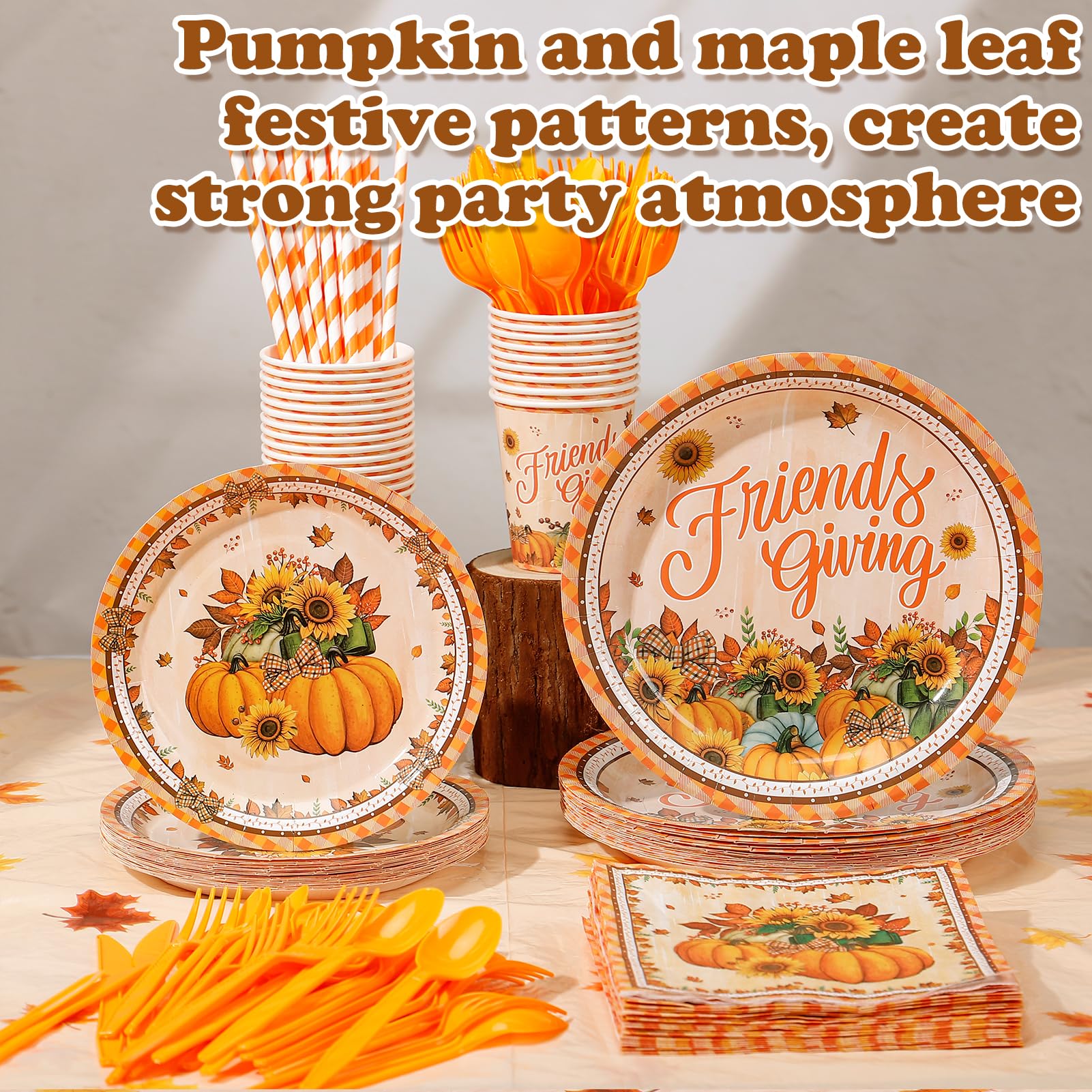 Friendsgiving Party Decorations Set - 194pcs Thanksgiving Tableware Kit with Pumpkin Plates, Cups, Forks & Napkins for 24 Guests | Thanksgiving Dinner Decor, Friendsgiving Table Setting for Holiday Gatherings & Family Feasts