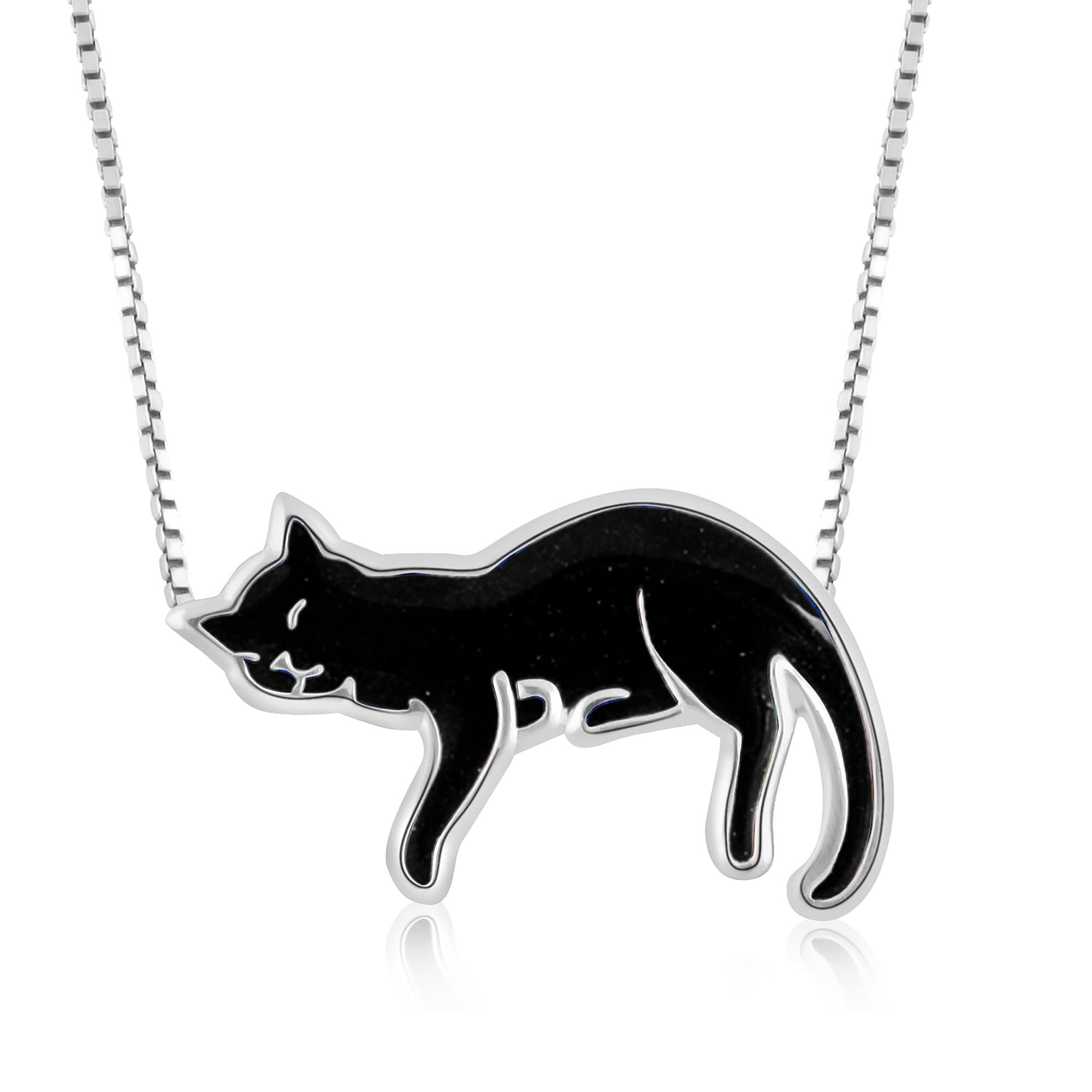 925 Sterling Silver Black Cat Necklace for Women - Handcrafted Polymer Clay Pendant, 16.5