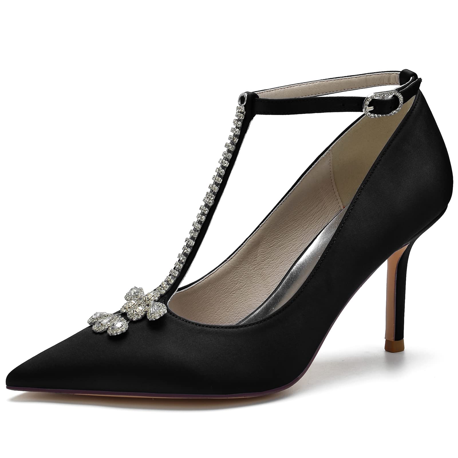 DXSYMJM Women's Satin Bridal Shoes - Elegant Stiletto Heel Wedding Shoes for Bride, Closed Toe T-Strap Court Shoes - Perfect for Wedding Ceremony, Reception & Formal Events