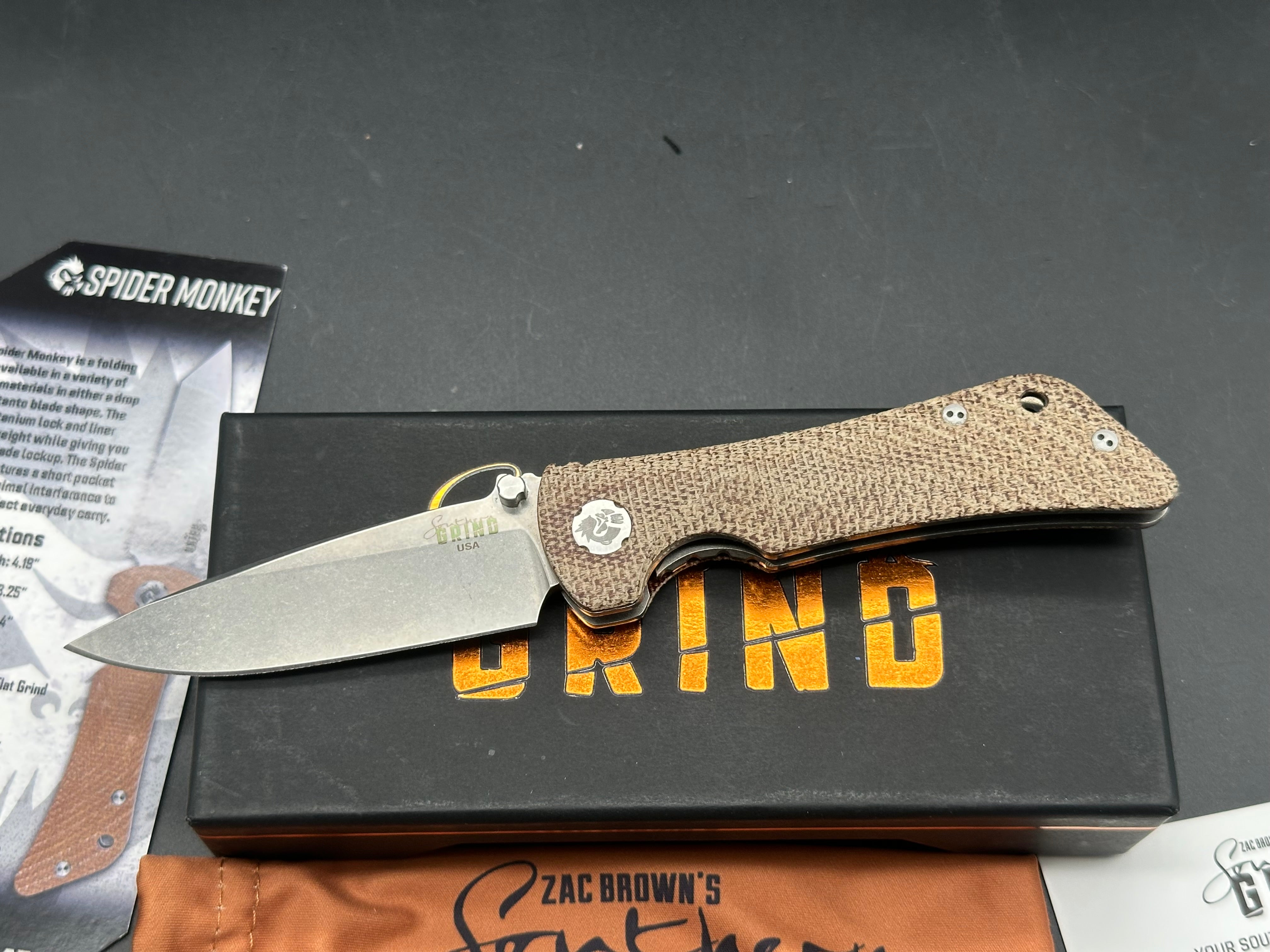 Southern Grind Spider Monkey Folding Knife - Micarta Handle, Brown Stonewash Blade (3.4