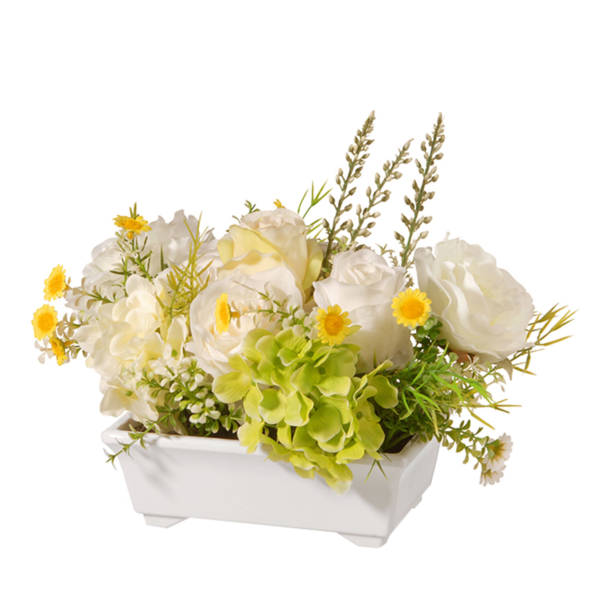 7 Inch Artificial Spring White Hydrangea and Rose Flowers in White Pot - Home Decor, Wedding Centerpiece, Office Desk Decor, Gift Idea
