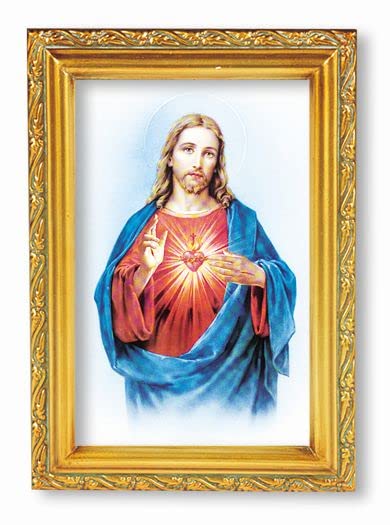 Antique Gold Sacred Heart of Jesus Framed Wall Art - Small Religious Home Decor with Acanthus Leaf Design for Catholic Gifts & Prayer Room Decoration