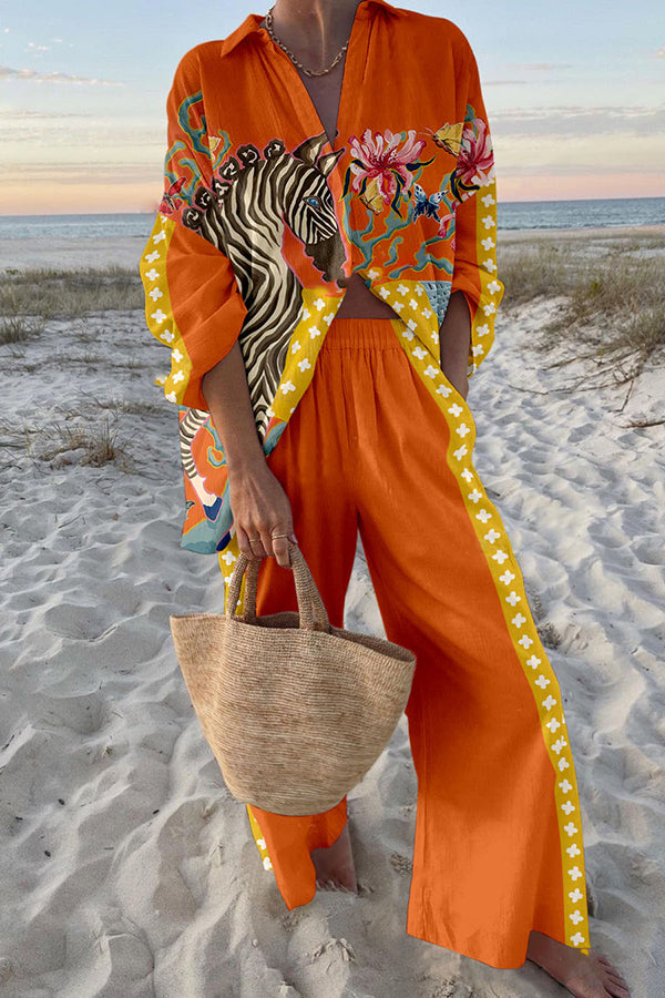 Stylish Zebra Print Oversized Shirt & Elastic Waist Pocket Pants Set - Women's Casual Outfit for Streetwear, Travel & Lounge Wear