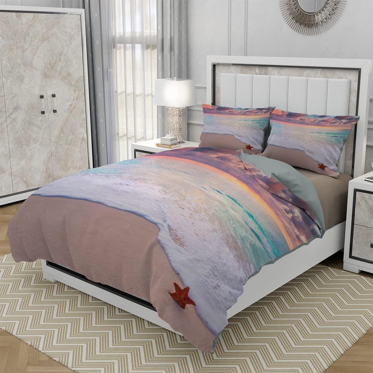 Sunrise Starfish Waves Beach Duvet Cover Set - Twin Size 3-Piece Soft Microfiber Bedding for Kids, Boys & Teens | Coastal Seaside Sand Theme with 2 Pillowcases | Perfect for Beach House, Vacation Rental & Nautical Bedroom Decor