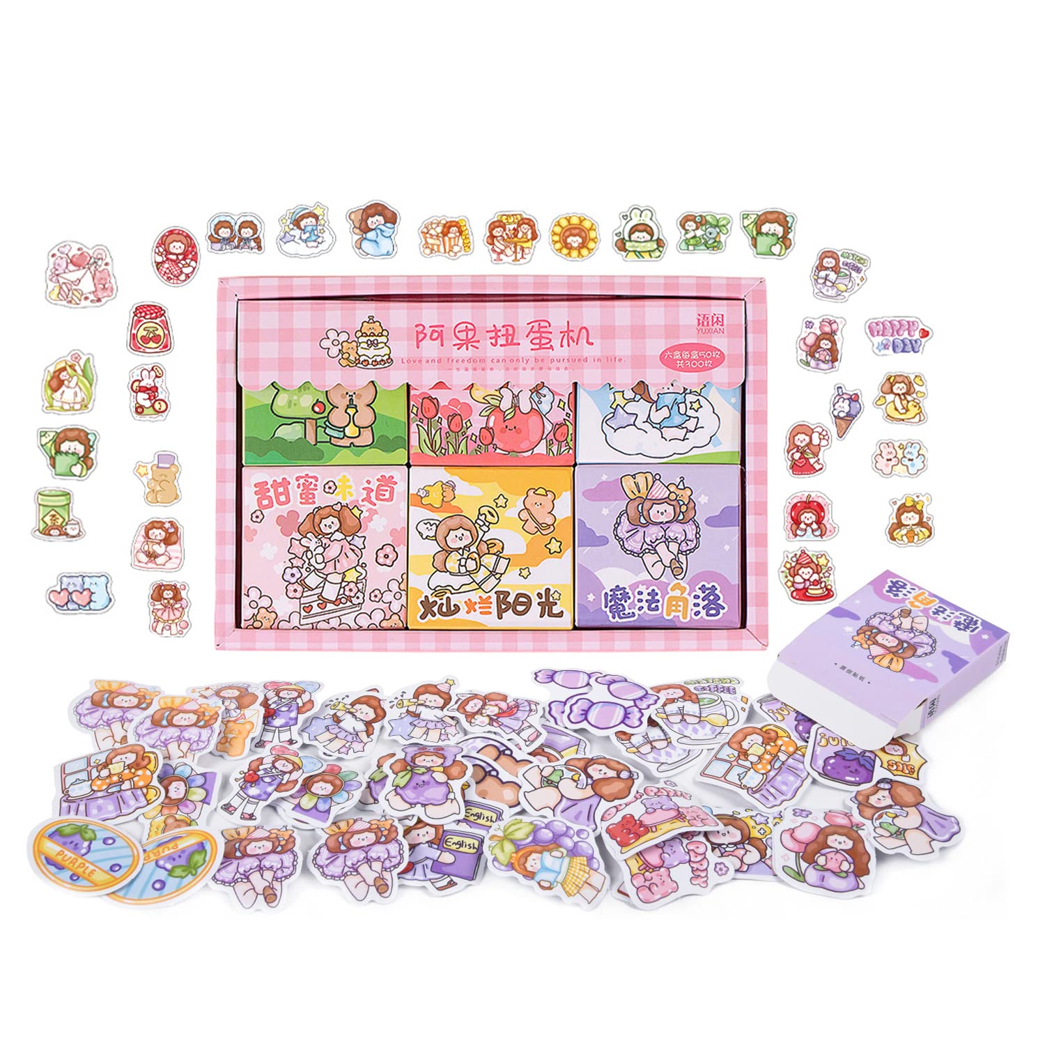 300Pcs Kawaii Cartoon Girl Stickers for Kids - Cute 6 Boxed Set Small Journaling Diary Stickers, DIY Scrapbook Stationery, Phone & Laptop Decals - Perfect for Crafts, Planners, Calendars, Albums & DIY Projects (Pink)
