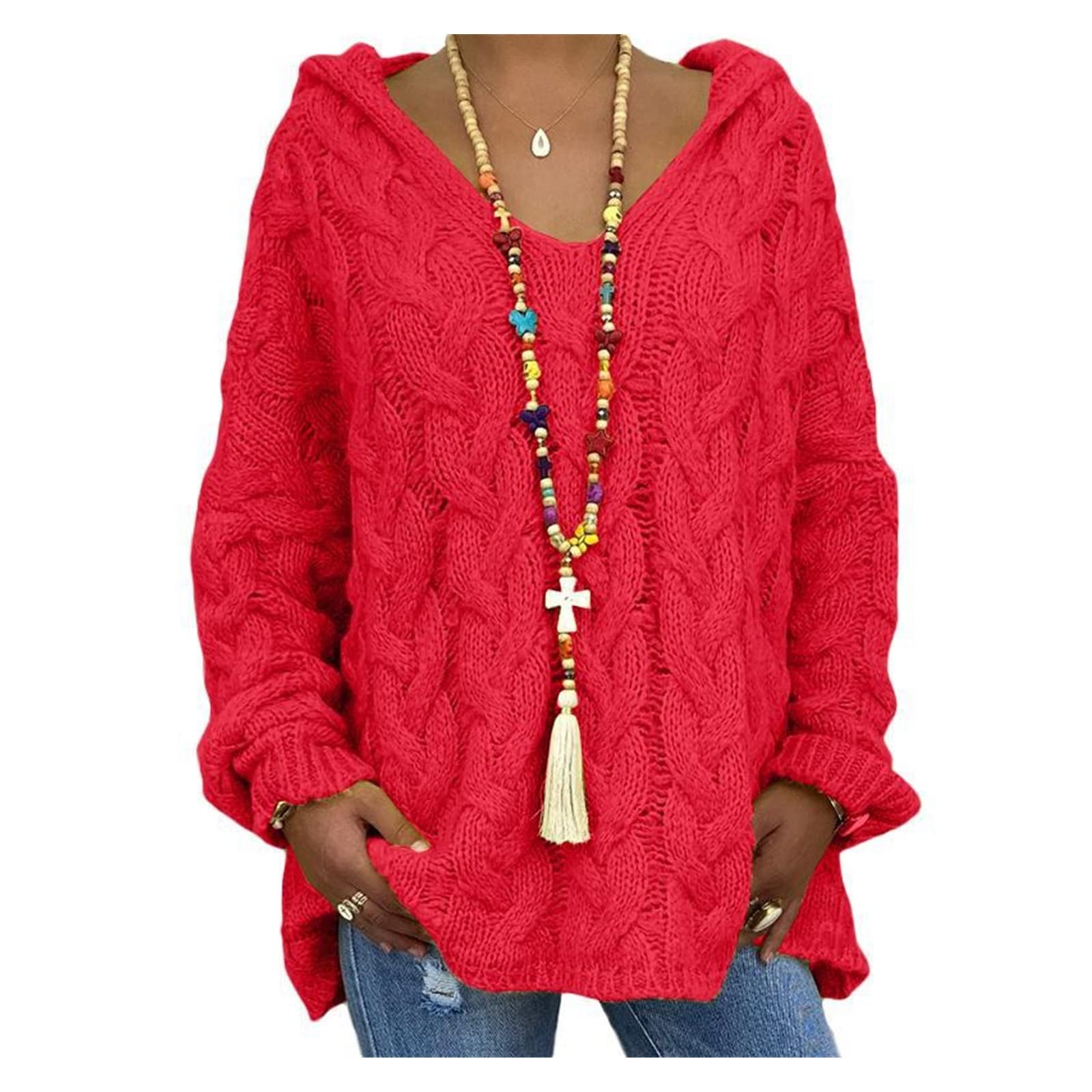 Women's V-Neck Long Sleeve Loose Patchwork Sweater - Thick Winter Pullover Casual Plus Size Tops (Red, Small) | Cozy Fall & Winter Fashion for Work, Dating & Daily Wear