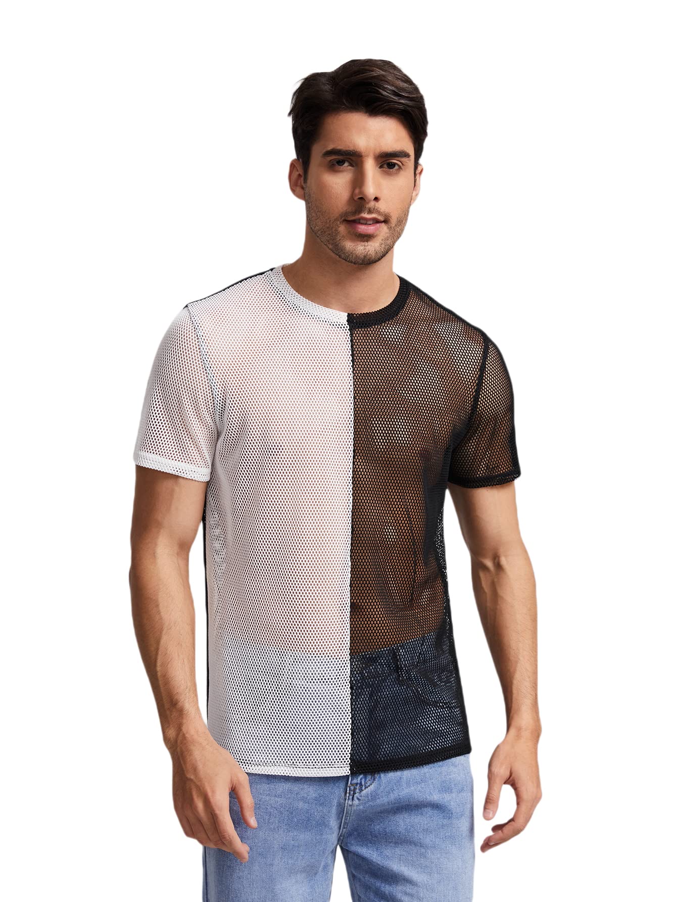 Milumia Men's Casual Sheer Mesh Tee Top - Breathable Short Sleeve Crewneck Color Block T-Shirt for Summer, Gym & Outdoor Activities
