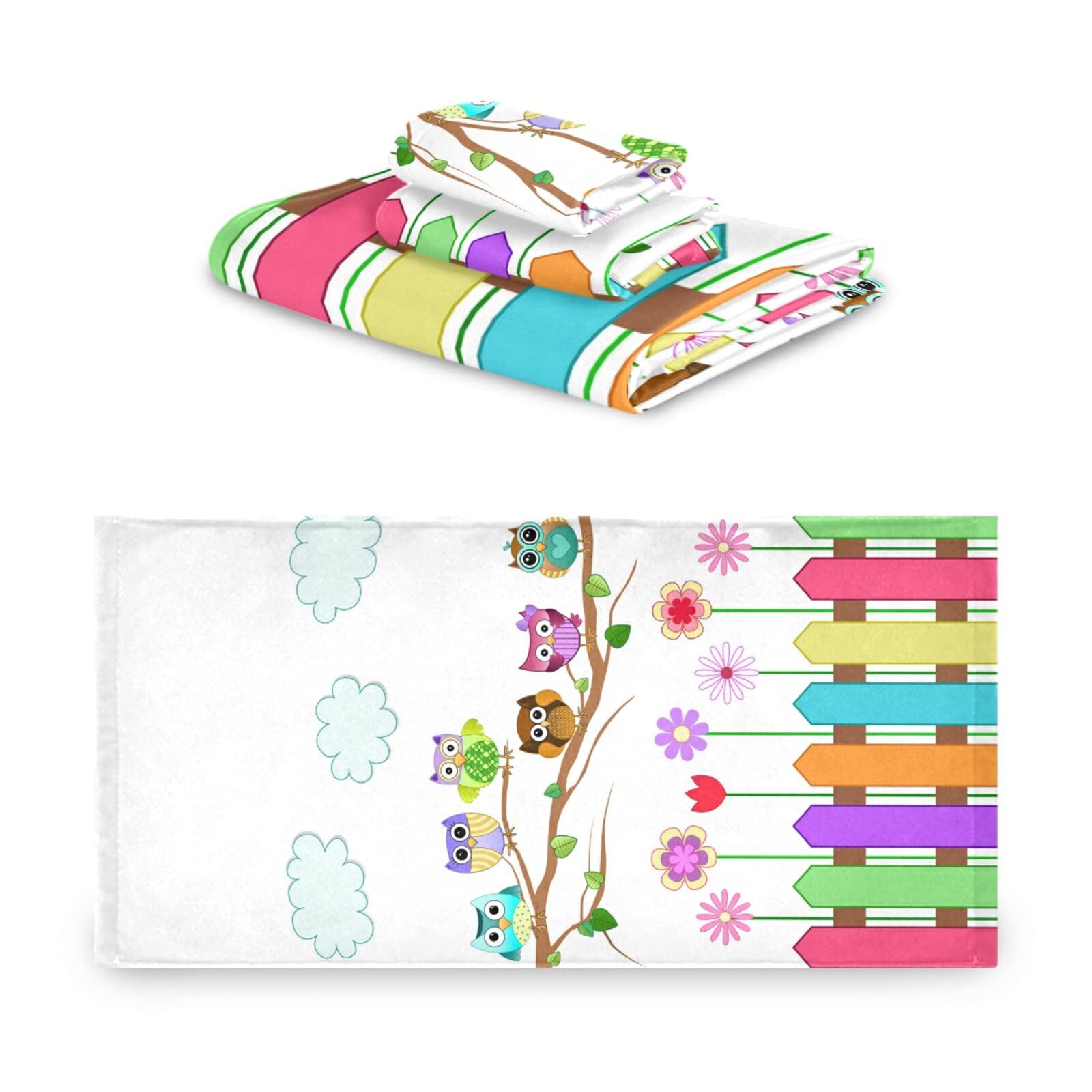 Poeticcity Set of 3 Soft Absorbent Cotton Towels - 1 Bath Towel, 1 Hand Towel & 1 Washcloth with Colorful Owl Branch Design for Spa, Bathroom, Hotel, Kitchen & Gym Use | Ultra Soft & Quick-Drying