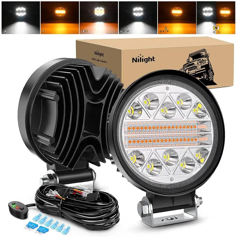 4.5 Inch 27W Amber White Round Spot Flood LED Work Lights (Pair) with 16AWG DT Wire - Heavy Duty Off Road Truck ATV Boat Marine Lighting for Outdoor Work, Camping, Emergency Use