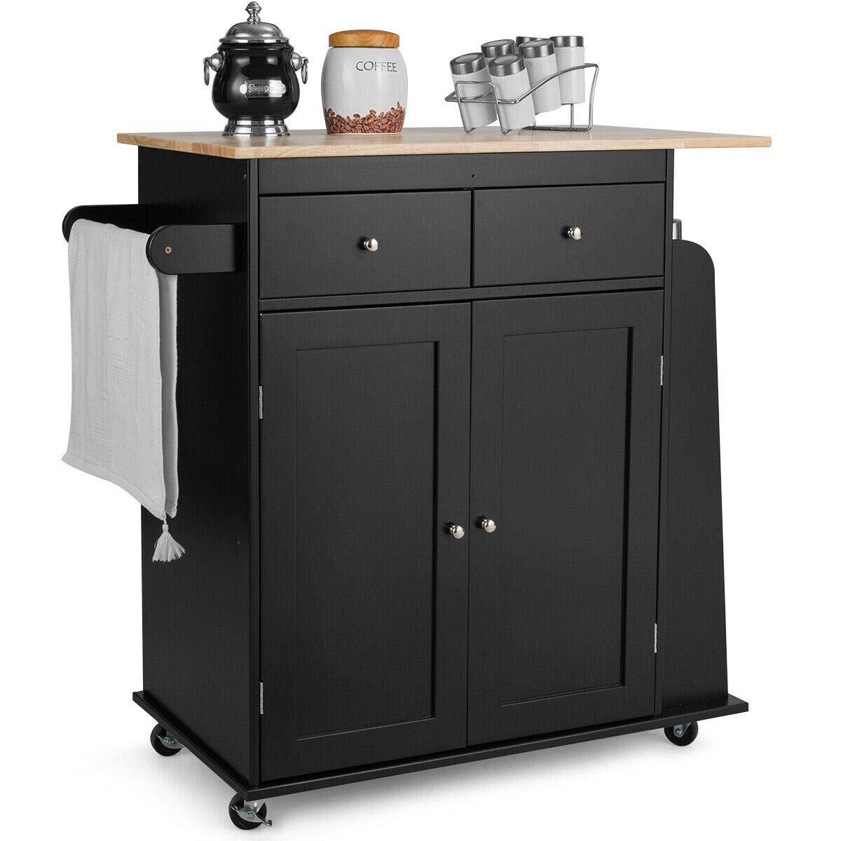 Black Rolling Kitchen Trolley Island with 2 Drawers & 2 Doors - 3-Tier Spice Rack Storage Cabinet, Rubber Wood Countertop - Perfect for Kitchen Organization, Serving Food, and Storing Utensils & Dishware