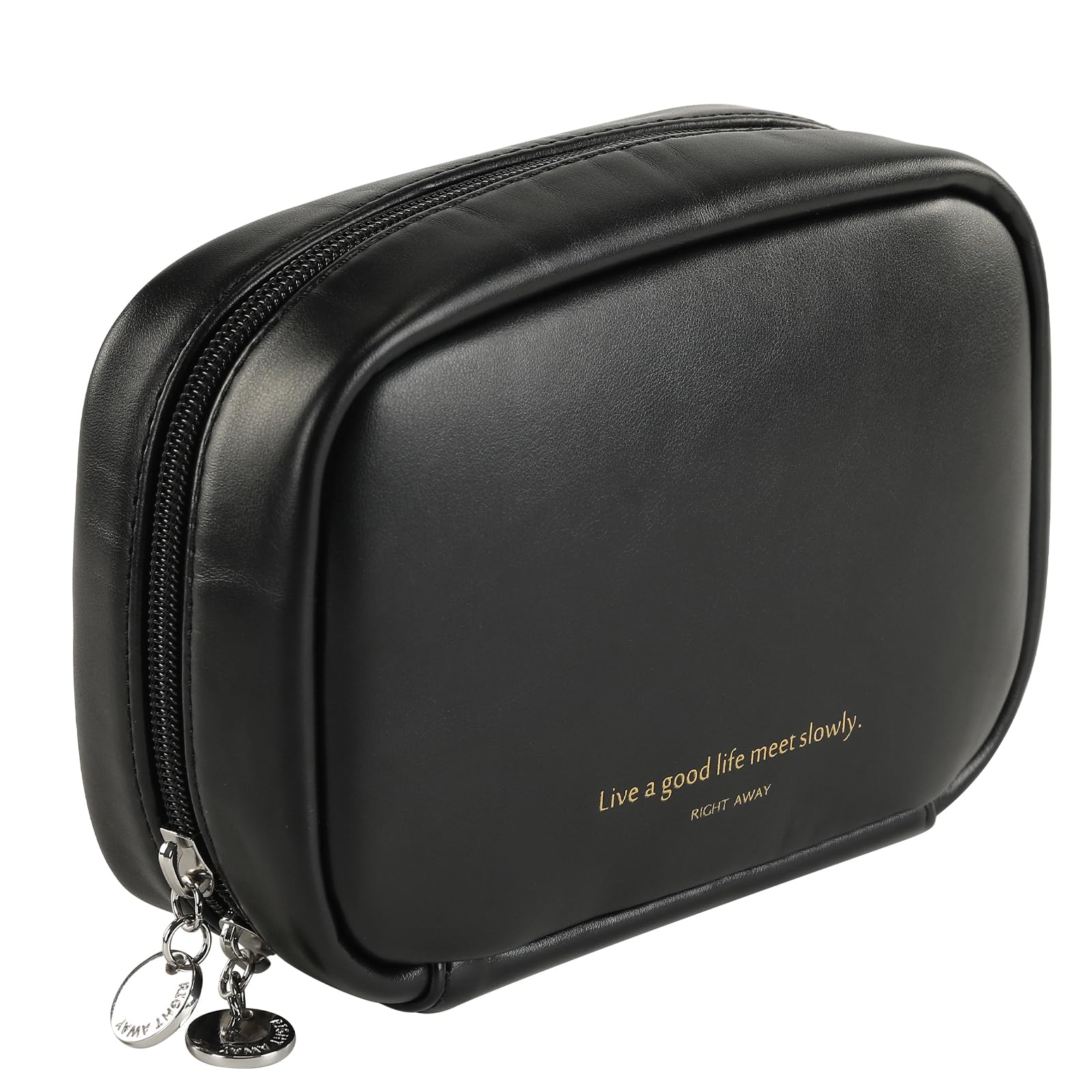 RIGHT AWAY Small Makeup Bag for Women | Cute Cosmetic Organizer & Travel Toiletry Bag | Waterproof Leather Case with Gold Zipper | Perfect for Daily Use, Travel, and Gift Giving (Black)