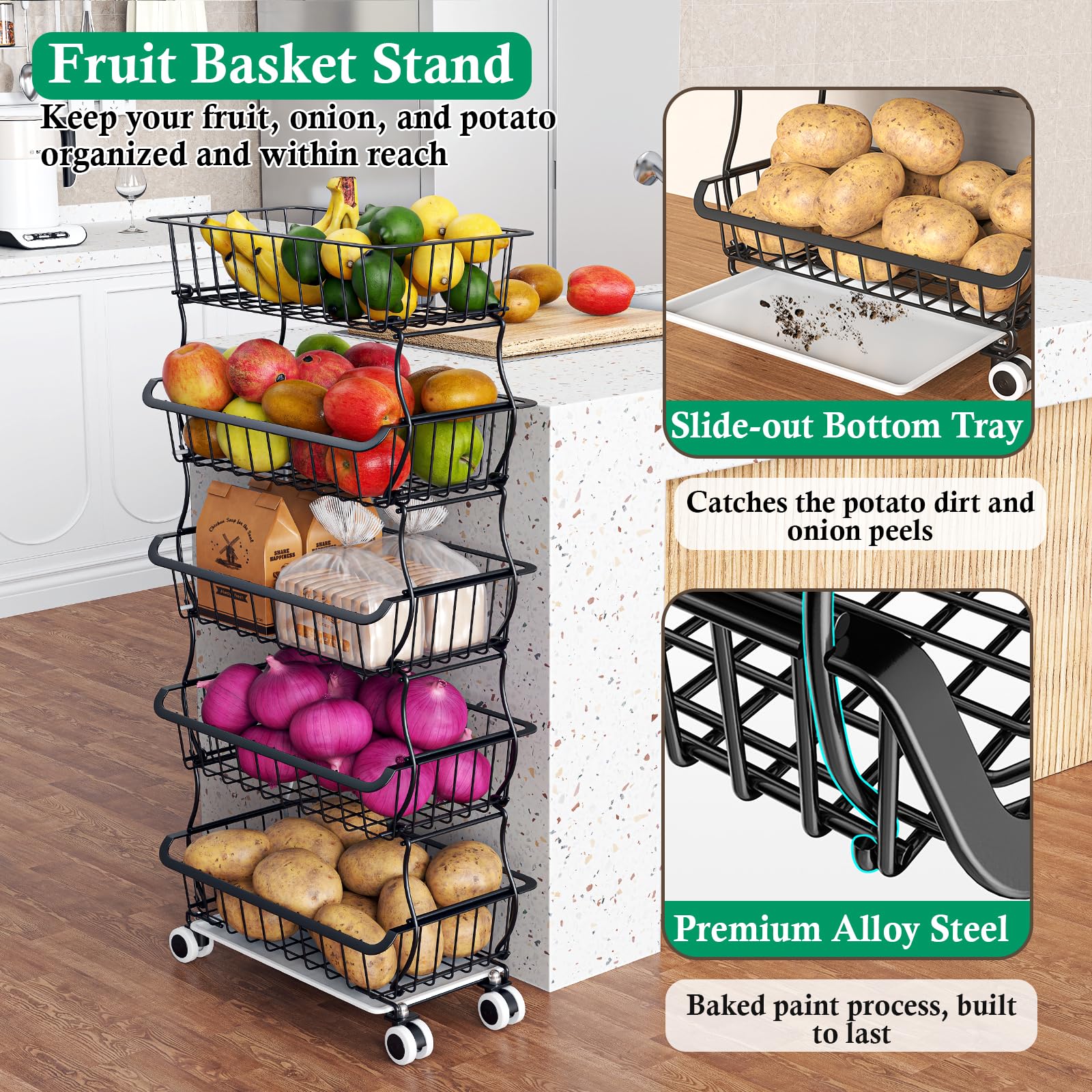 5-Tier Stackable Wire Fruit Basket with Wheels - Kitchen Pantry Organizer for Fruits, Vegetables, Onions & Potatoes - Space-Saving Food Storage Cart for Home, Restaurant or Grocery Store