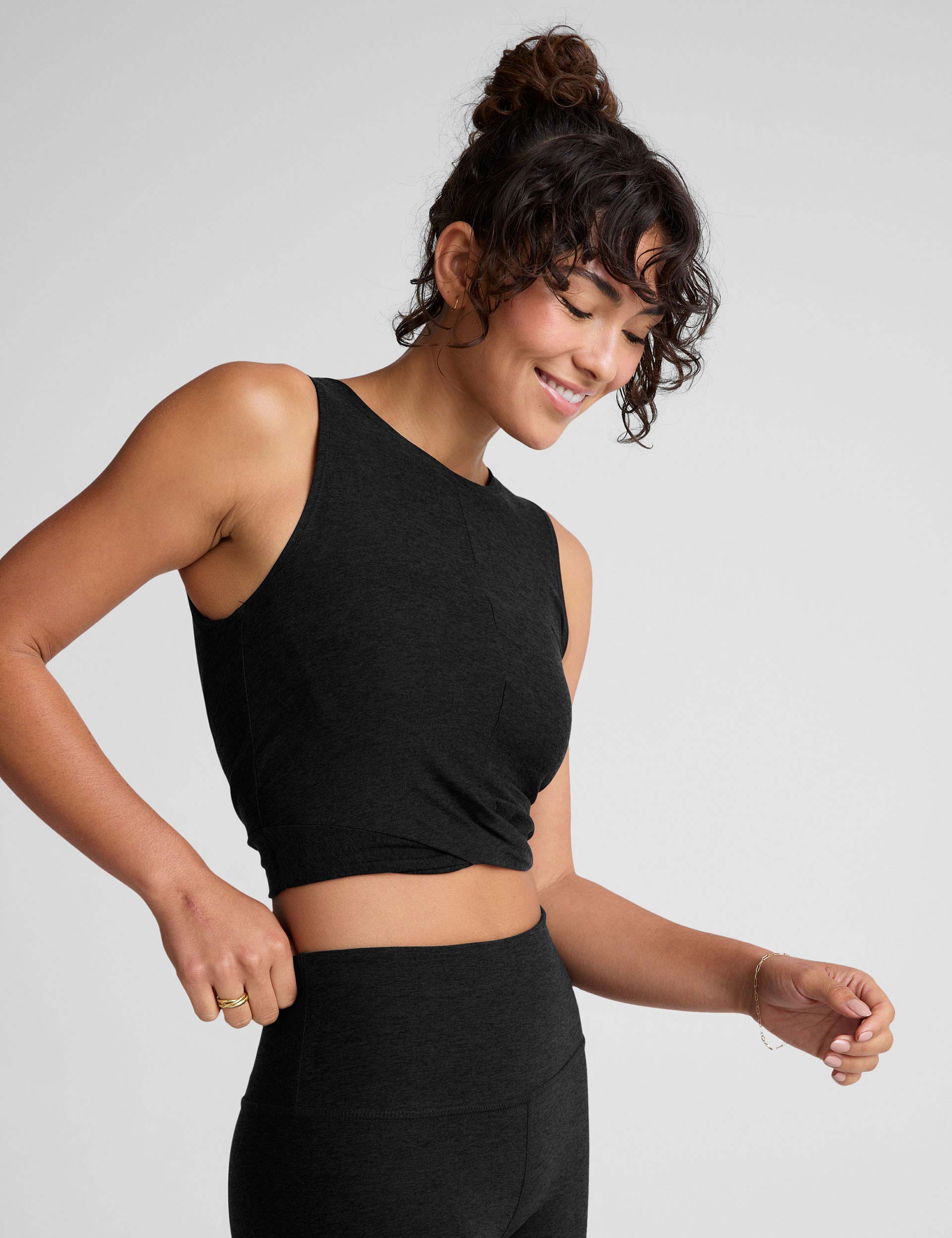 Featherweight Center Stage Cropped Tank Top - Darkest Night Black | Women's Lightweight Workout Shirt for Yoga, Running & Gym