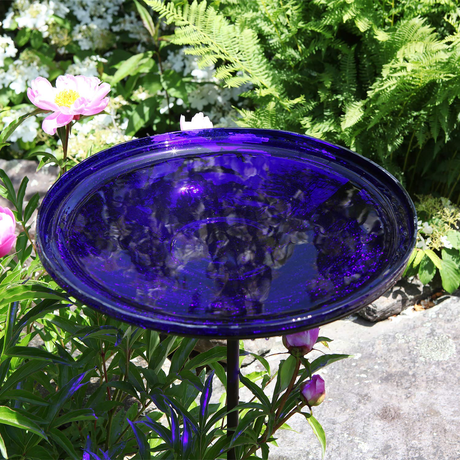 Achla Designs 14-inch Crackle Glass Birdbath Bowl with Stake - Cobalt Blue Outdoor Garden Decor for Birds and Wildlife
