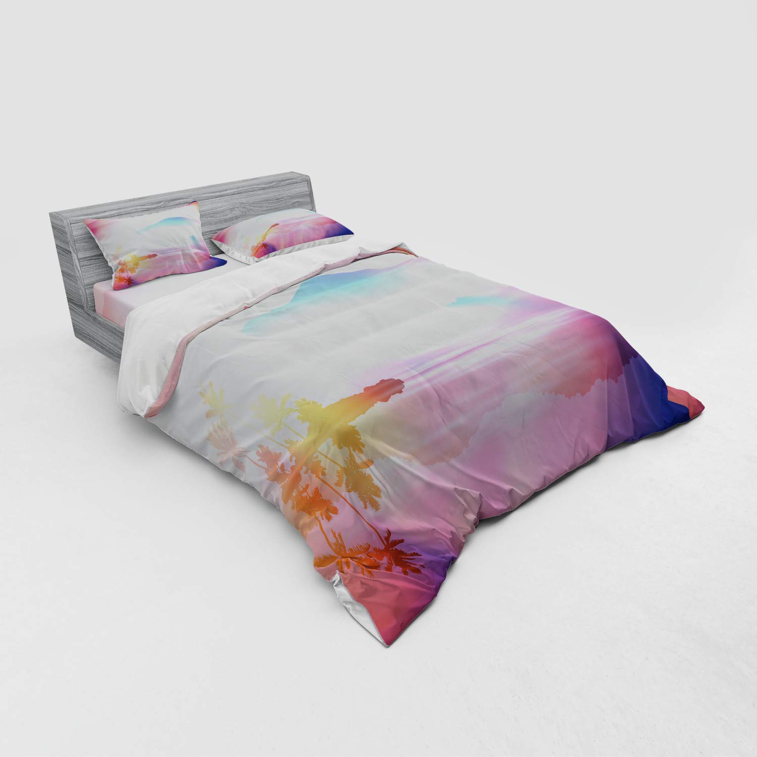 Ambesonne Nature Duvet Cover Set - Ombre Exotic Landscape Palm Trees Design, 3 Piece Queen Size Bedding Set with Pillow Sham & Fitted Sheet, Pale Sky Blue Champagne - Perfect for Tropical Themed Bedrooms, Beach House Decor & Boho Chic Home Styling