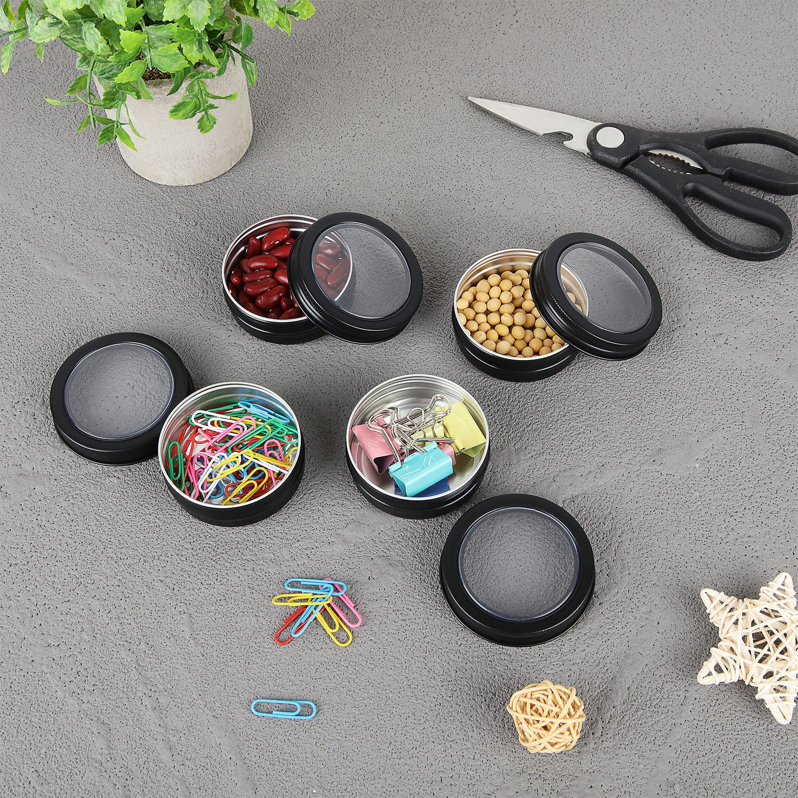 DAJAVE 30 Pack 2 Ounce Round Tin Cans with Screw Lids & Clear Window - Black Metal Tin Containers for Storing Spices, Candies, Candles, Gifts - Perfect for DIY Crafts, Wedding Favors, Party Decorations & Home Organization