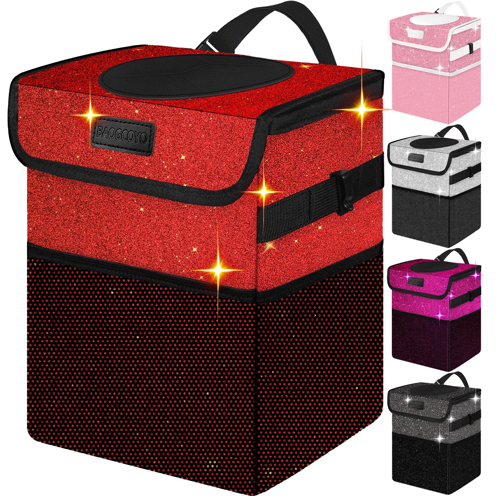 2.5 Gallon Sparkly Red Car Trash Can with Lid - Waterproof & Leakproof Hanging Garbage Bin for Front/Back Seat & Console | Cute Mini Car Trash Bag for Road Trips, Commuting & Family Travel
