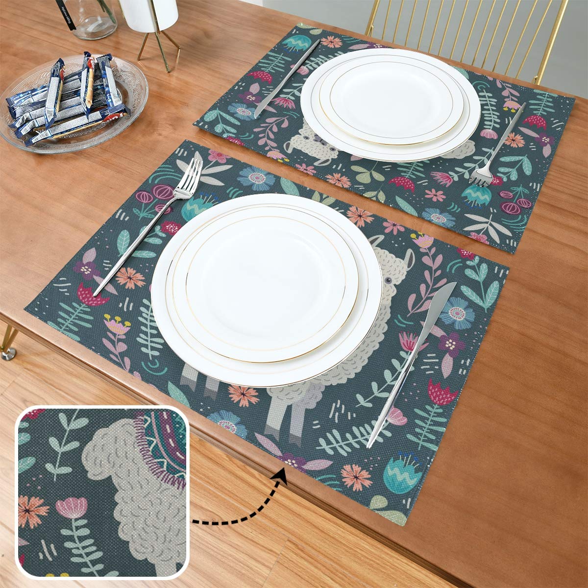 MOYYO Cute Llama Alpaca Floral Placemats - Heat & Stain Resistant Polyester Table Mats, Non-Slip Washable Dining Decor for Kitchen & Dining Tables - Perfect for Everyday Meals, Parties, and Home Decor (1 Piece)