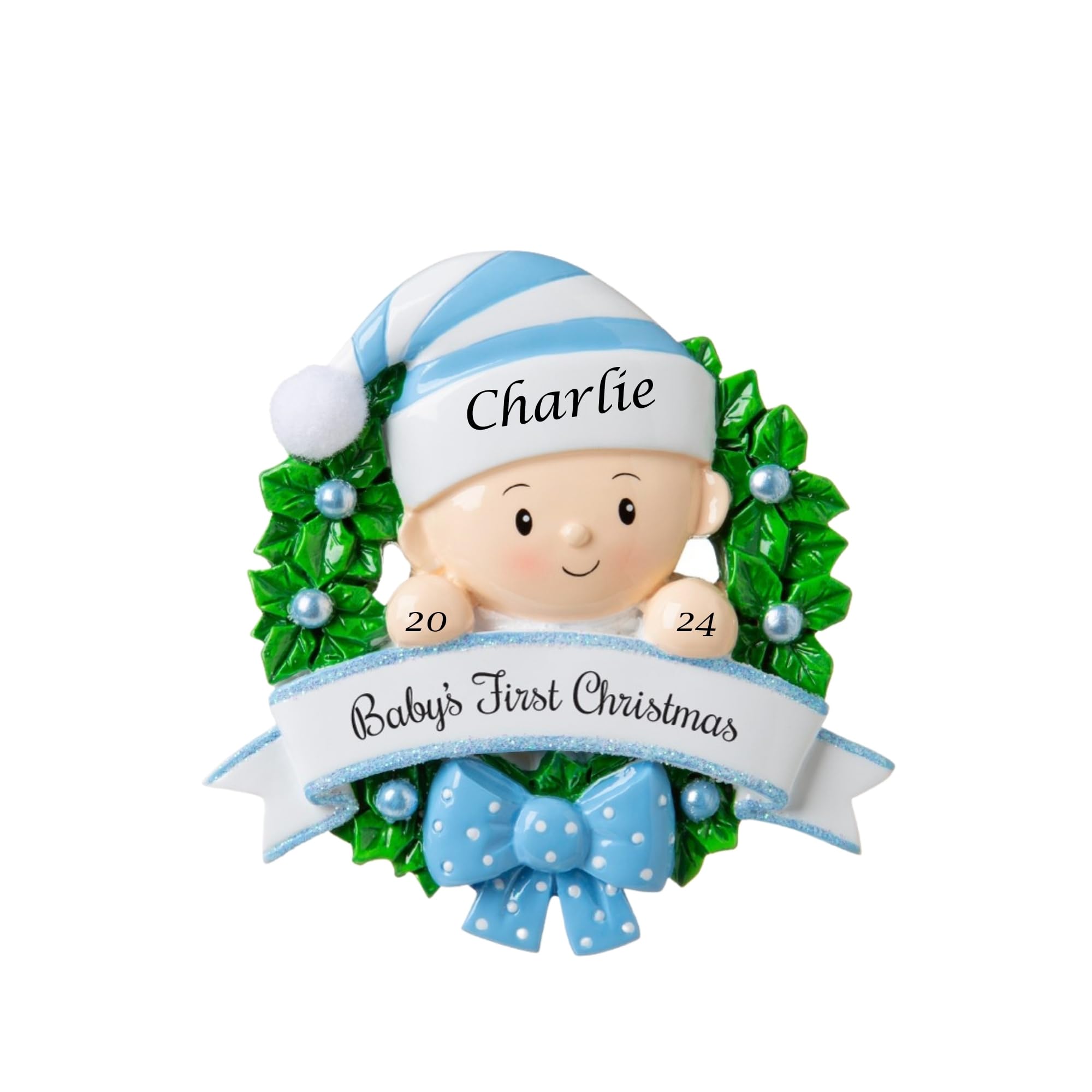 Personalized Baby's First Christmas Ornament 2021 - Custom Engraved Baby in Wreath Keepsake for Newborn Boy - Handwritten Name Holiday Decoration - Perfect for Baby Shower Gifts & Christmas Tree Decorating