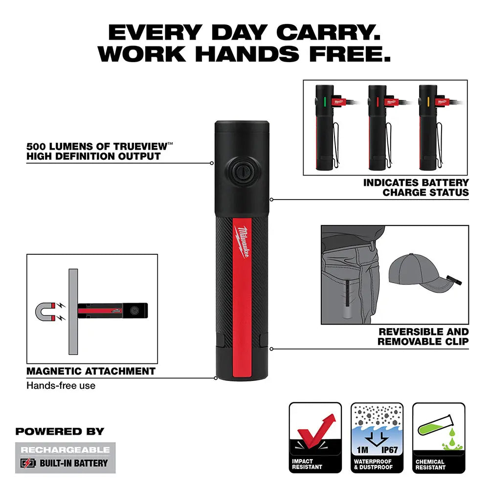 Milwaukee 2011R Rechargeable 500Lumen EDC Flashlight with Magnetic Base - Perfect for Camping, Hiking & Emergency Use