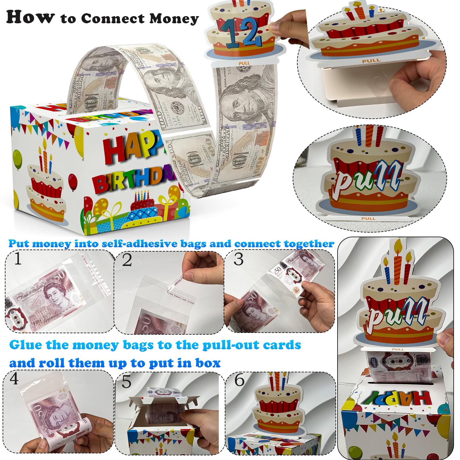 Birthday Cash Box Pull - Surprise Money Roll Gift Box with Pull Out Card & 30 Transparent Bags DIY Set - Funny Money Gift Idea for Parents, Lovers, Friends - Perfect for Birthdays, Anniversaries & Special Occasions (White)