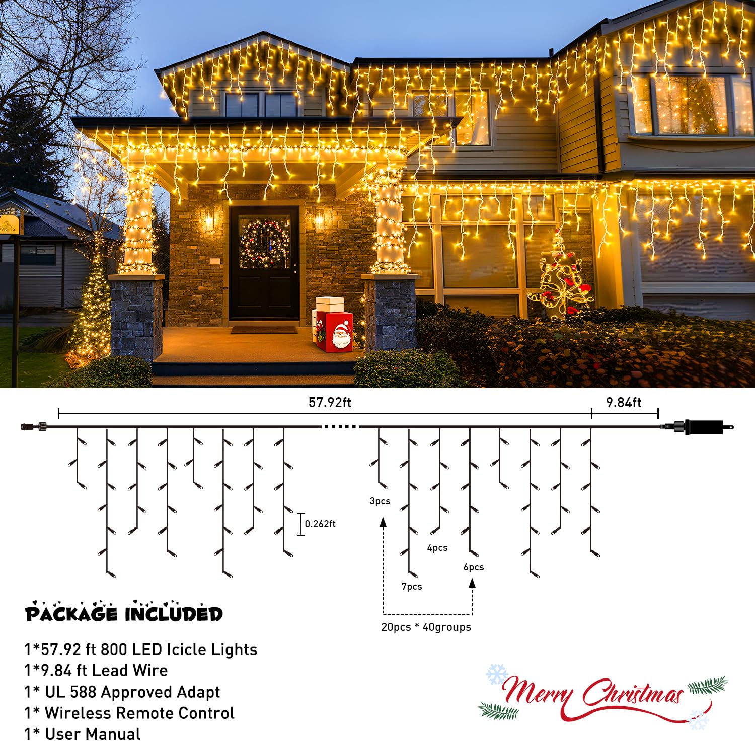 JMEXSUSS 800 LED Icicle Christmas Lights Outdoor Waterproof - Warm White Holiday Lights for House, Party, Wedding & Christmas Decorations - Perfect for Roof, Windows, Trees and Outdoor Holiday Displays