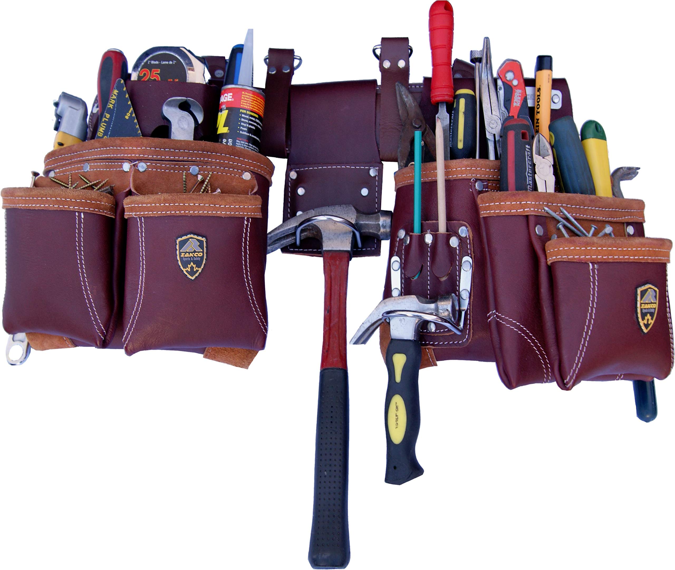 Zakco PRO-21 Heavy Duty Full Grain Leather Tool Belt for Construction Workers - Carpenter, Framer, Roofer & Handyman Tool Organizer with 2 Leather Pouches & Multiple Pockets | Perfect for Job Sites, DIY Projects & Home Renovations