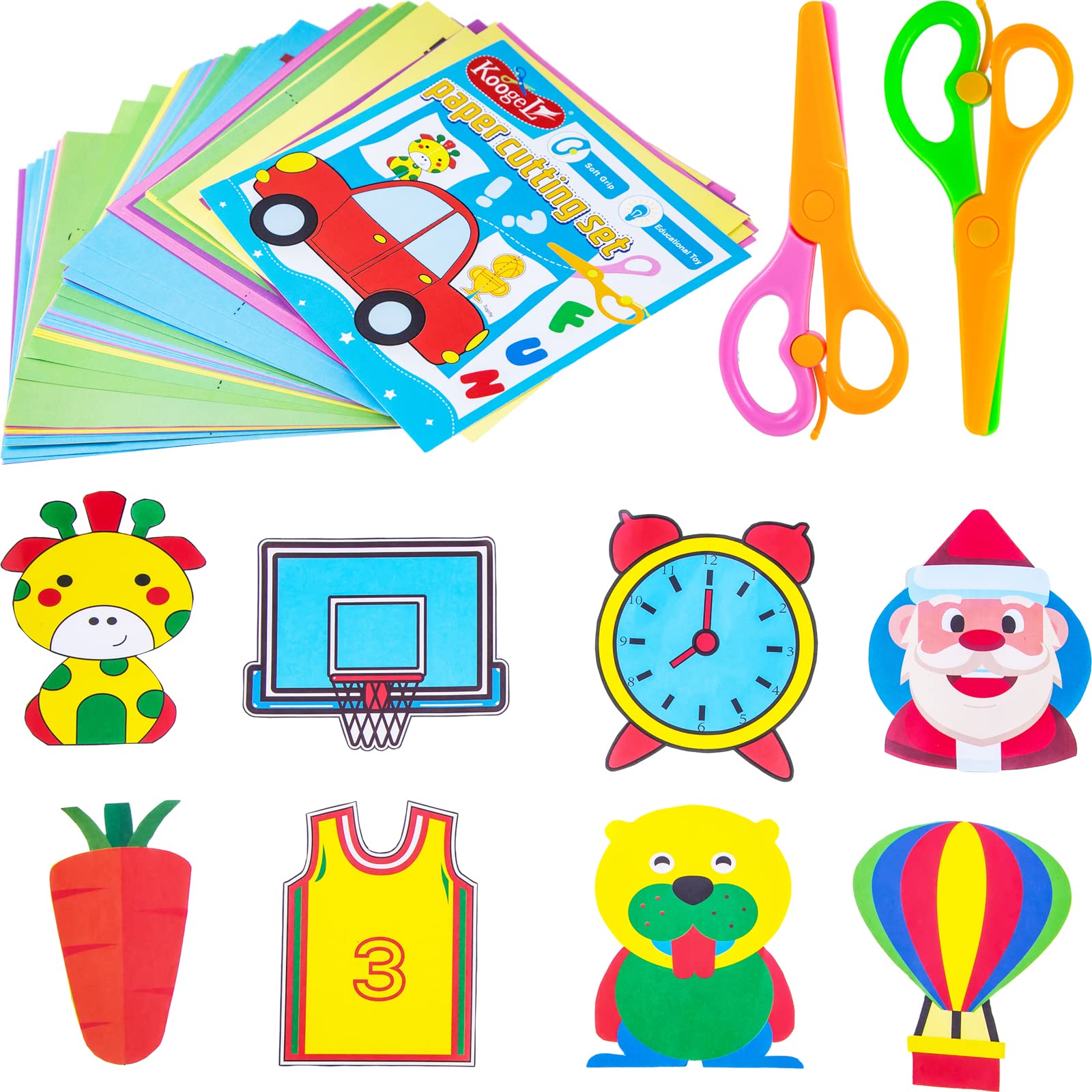 Koogel Kids Scissors Activity Book - 2 Safety Scissors & 120 Paper Sheets for Preschool Learning (Ages 3+) - Perfect for Early Childhood Development & Craft Time