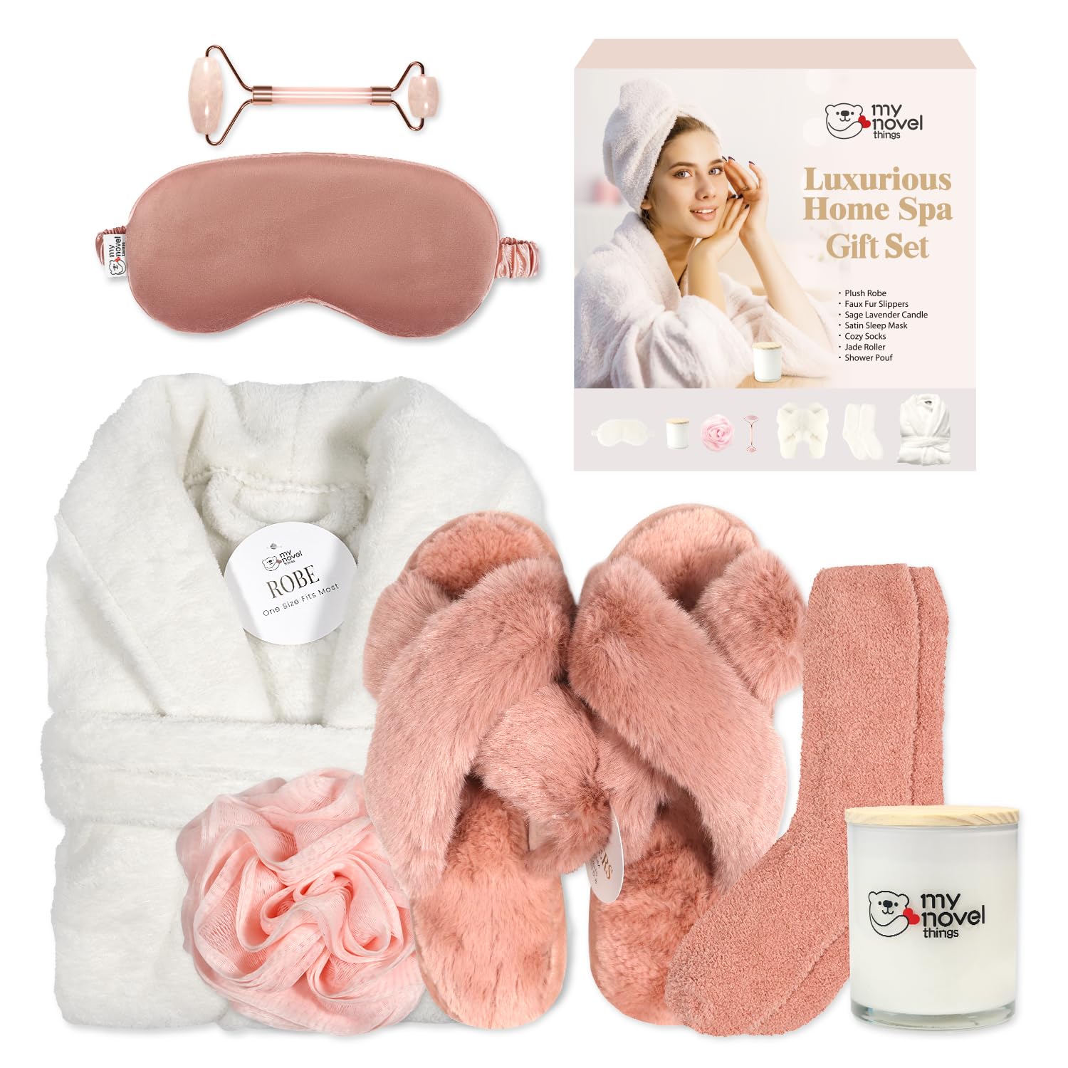Luxury Satin Bathrobe & Sleep Mask Gift Set for Women - 7-Piece Spa Self Care Kit with Scented Candles | Perfect Birthday, Christmas & Relaxation Gifts for Her | Ideal for Home Spa Nights, Mother's Day & Romantic Getaways