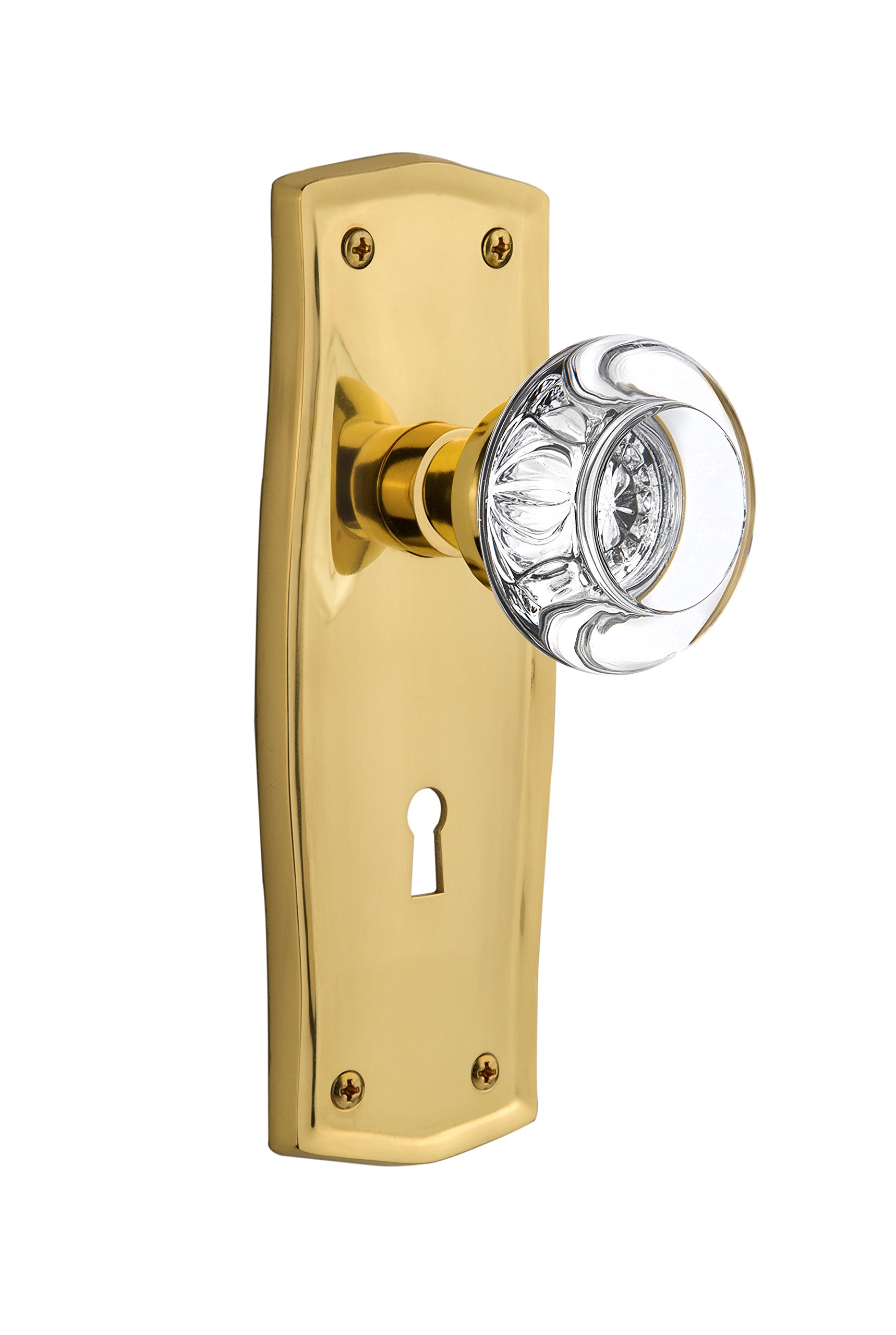 Vintage Polished Brass Prairie Plate with Keyhole & Clear Crystal Glass Knob - Nostalgic Warehouse 712382 Single Dummy Door Handle - Perfect for Farmhouse, Cottage & Victorian Style Home Decor