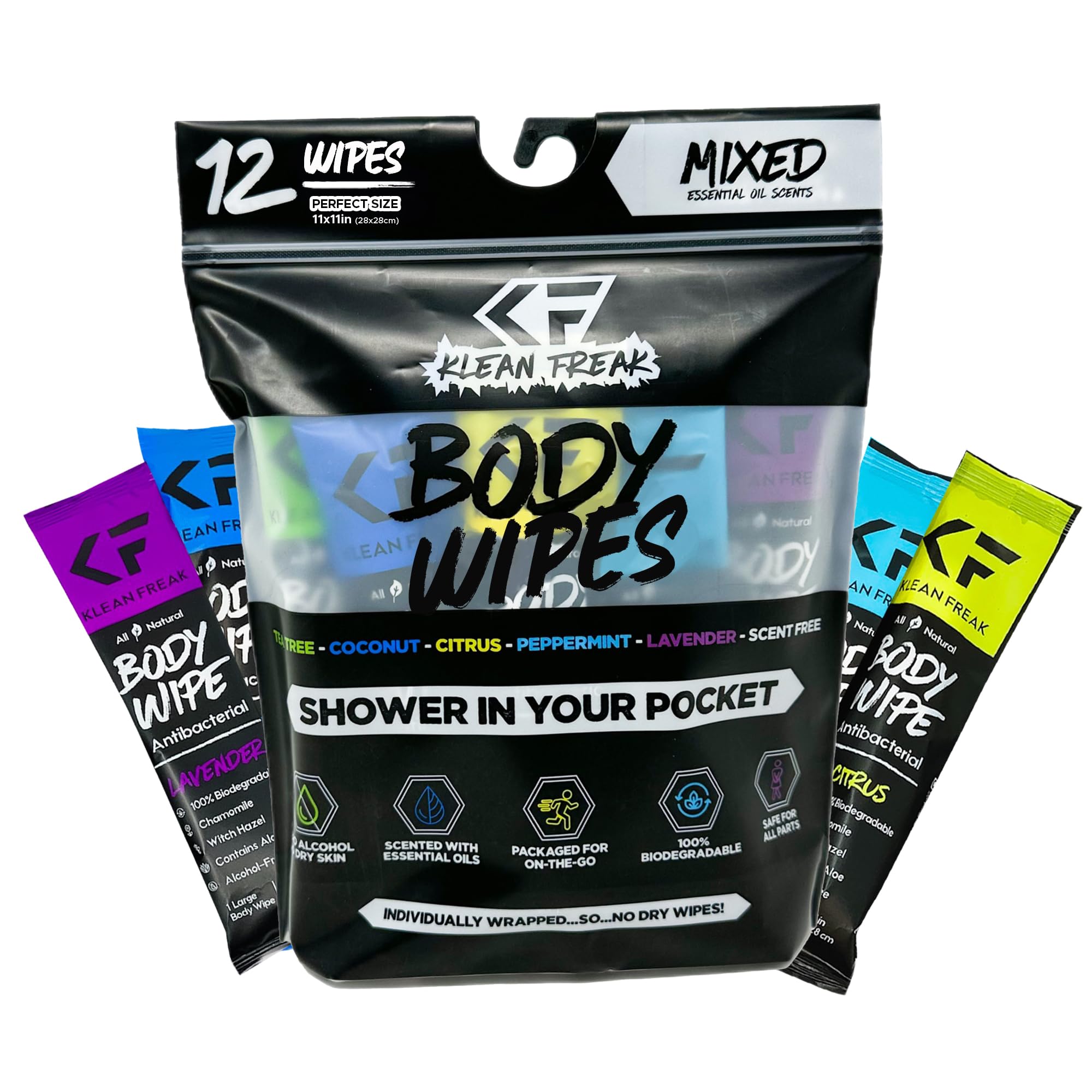 Klean Freak Body Wipes - 12 Pack Mixed Scent Refreshing Cleansing Wipes for Gym, Travel, Camping & On-the-Go Hygiene