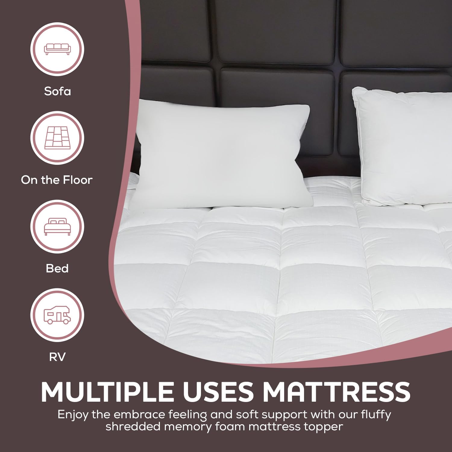 CirclesHome White Full Size Futon Mattress Topper with Anti-Slip Anchors - Plush Down Alternative Filling, Soft & Hypoallergenic Cover (54