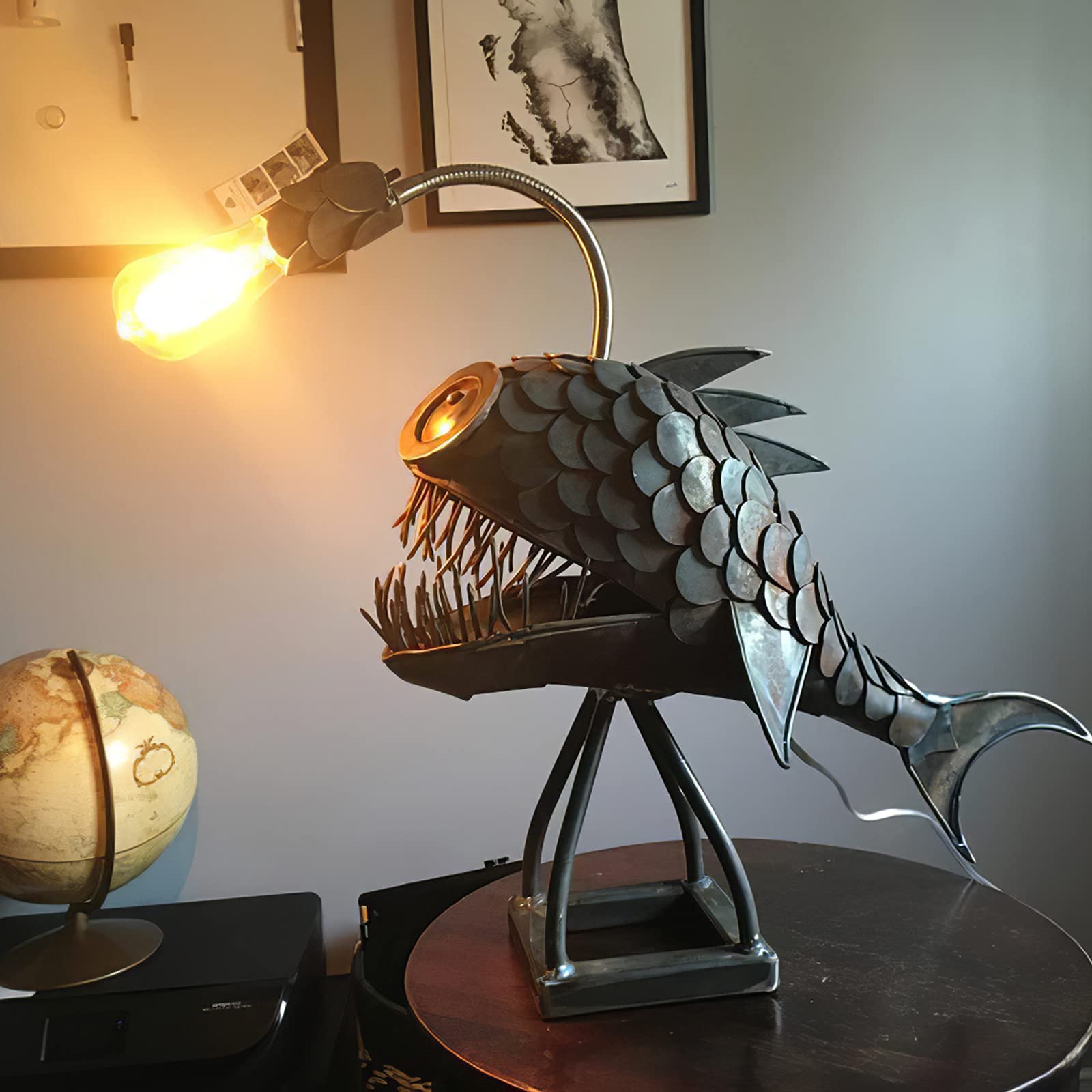 CAFELE Rustic USB Angler Fish Lamp - Steampunk Style Shark Table Lamp with Realistic LED Flame Bulbs, Handmade Night Light for Bedroom, Office & Reading | Unique Industrial Home Decor Gift (Medium Size)