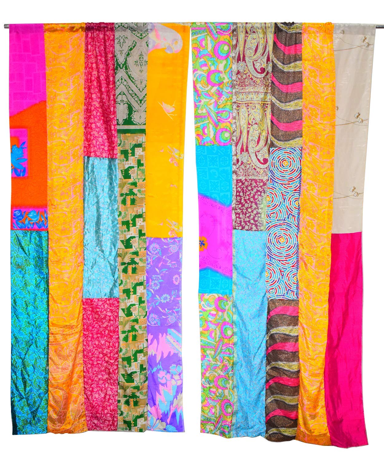 10 Pcs Indian Vintage Sari Multi-Color Handmade Patchwork Curtains - Eco-Friendly Recycled Fabric Door Drapes for Bohemian Home Decor, Bedroom, Living Room & Window Treatments (Assorted Colors)