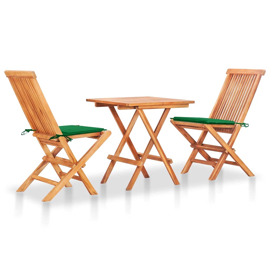 vidaXL 3-Piece Patio Bistro Set with Cushions - Folding Teak Wood Table & Chairs for Garden, Outdoor Conversation - Farmhouse Style Patio Furniture for Backyard, Deck, and Poolside Relaxation
