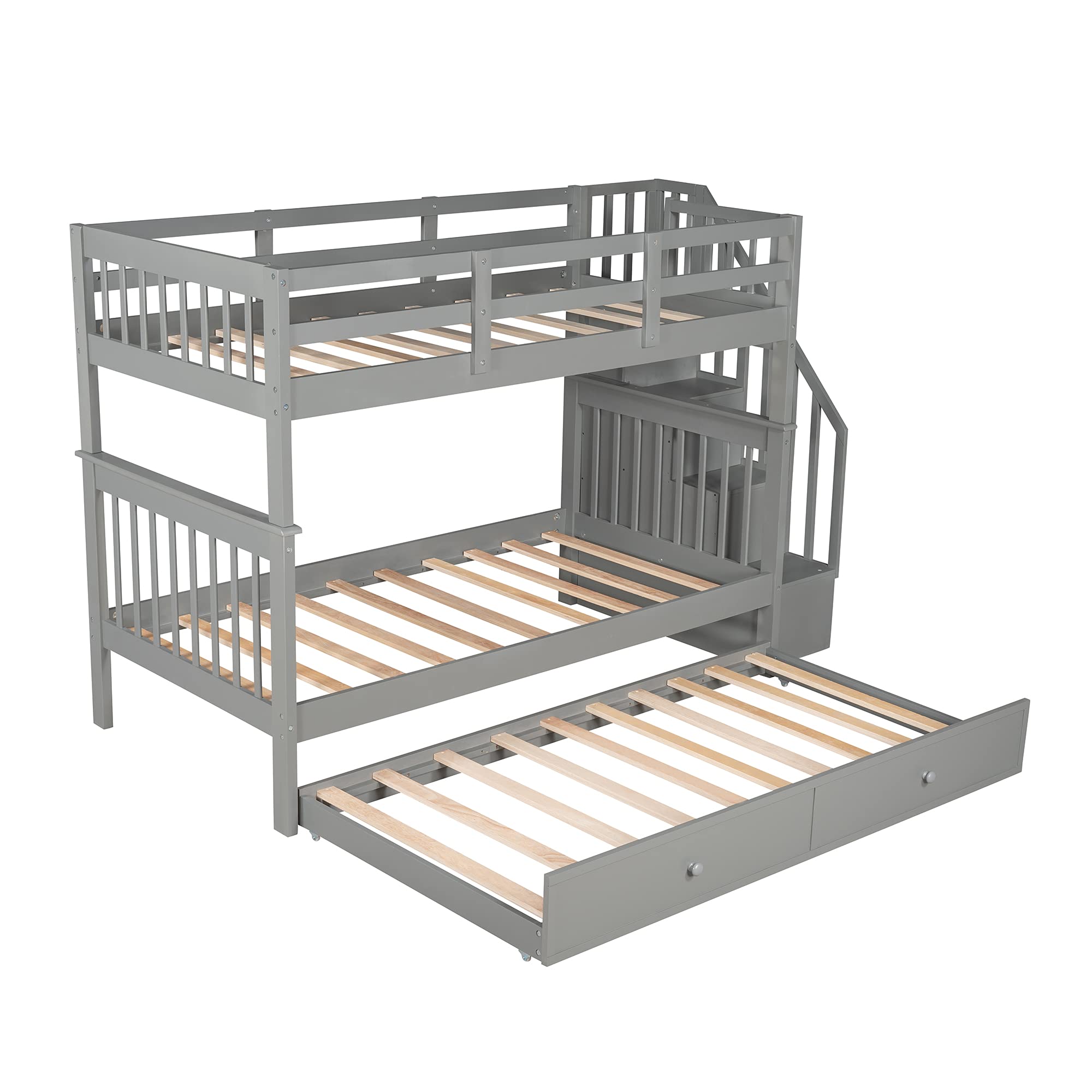 SOFTSEA Twin Over Twin Bunk Bed with Trundle - Space-Saving Kids & Teens Bedroom Furniture (Gray) - Perfect for Small Rooms, Sleepovers & Guest Accommodation