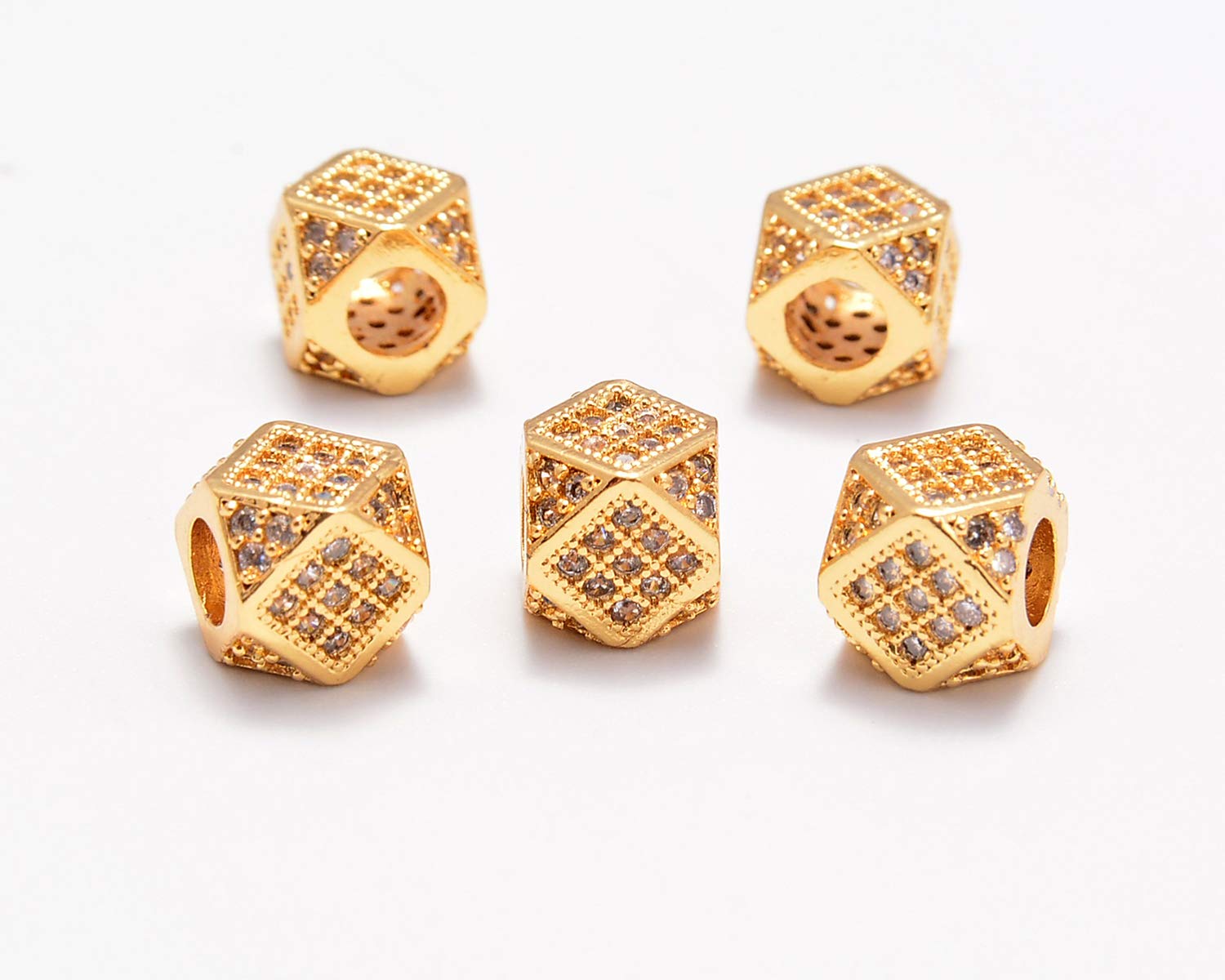 5 Pcs Clear Zircon Pave Rhinestones with Big Hole - 7x7mm Gold Diamond Cut Cube Beads for Jewelry Making, DIY Crafts, and Fashion Accessories