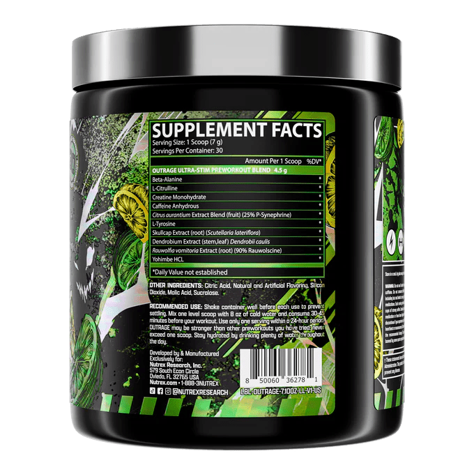 Nutrex Outrage Ultra Stim Pre Workout Powder - High Energy & Focus Supplement for Intense Gym Training & Bodybuilding Workouts | Best for Athletes & Fitness Enthusiasts
