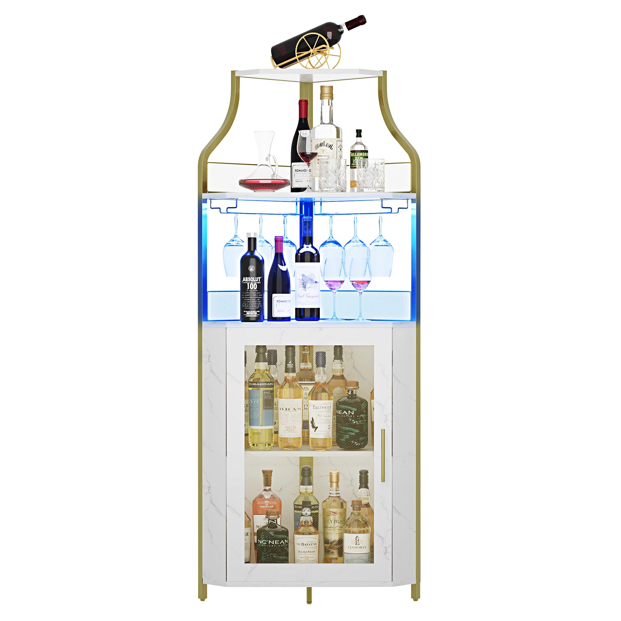 5-Tier Industrial Wine Cabinet with LED Lights & Glass Holder - Adjustable Shelf, Mesh Door & Gold Finish - Perfect for Home Bar, Kitchen, Dining Room & Entertainment Spaces