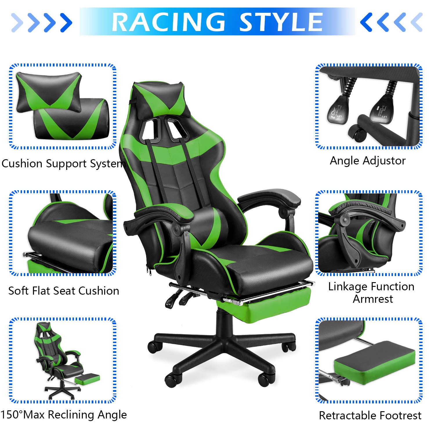 Soontrans Ergonomic Gaming Chair with Lumbar Support - Adjustable Height & Reclining Backrest for PC, Office, and Console Gaming - Perfect for Long Hours of Comfortable Play