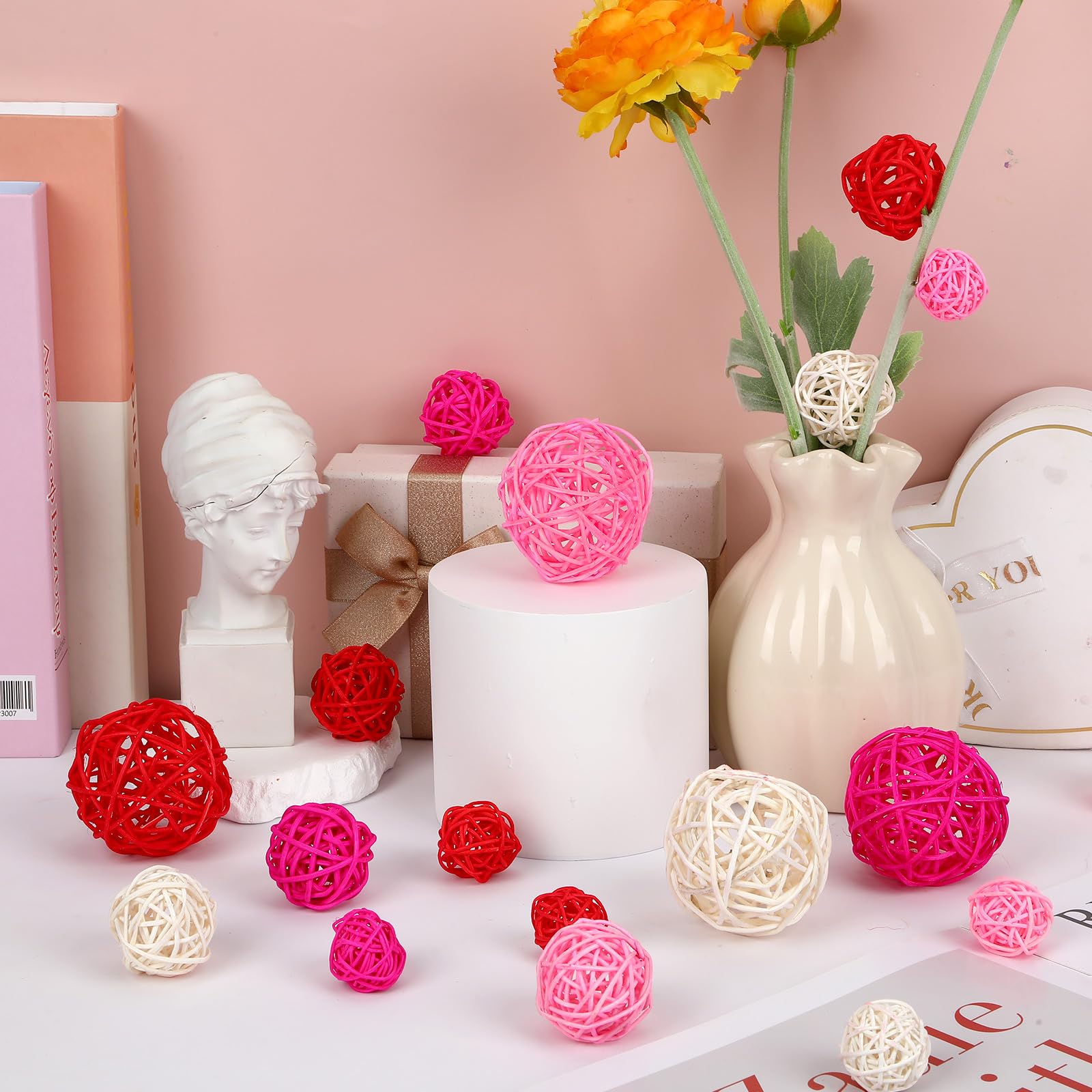 SANNIX 40 Pack Valentine's Day Decorations - 3 Sizes Rattan Wicker Balls for Home Decor, Party Ornaments, Baby Shower, Table Centerpieces, Vase Fillers (Red, Pink, White) - Perfect for Wedding, Christmas, and Seasonal Home Styling