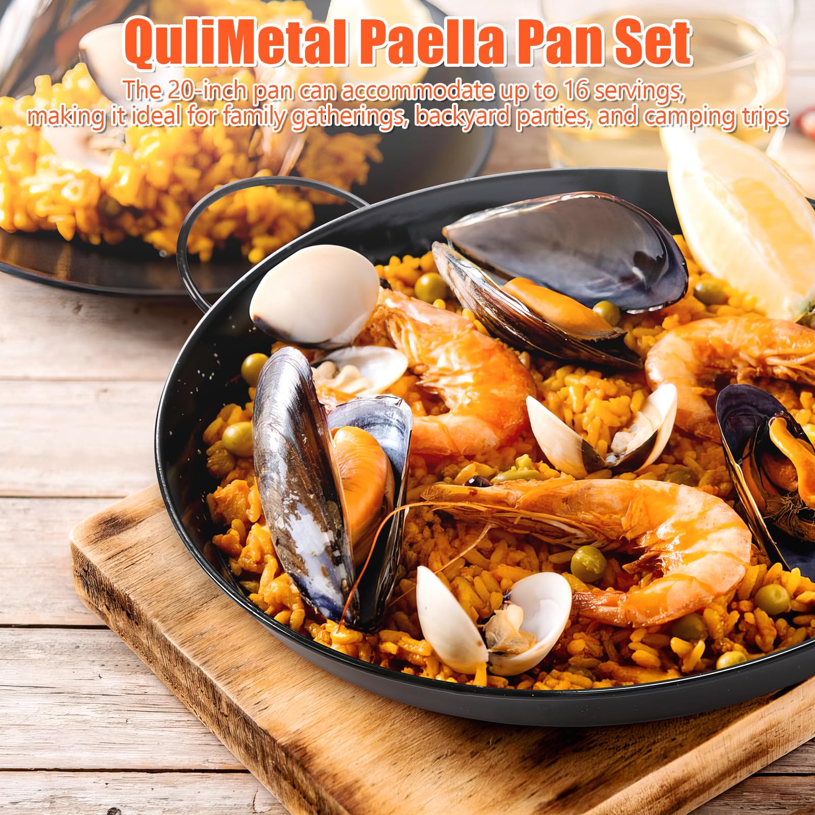 20-Inch Enameled Steel Paella Pan Set with Lid, Burner, Stand & Carry Bag - Complete Paella Kit with Built-In Ignitor, Regulator Hose (14 Servings) - Perfect for Outdoor Cooking, Parties, BBQs & Spanish Cuisine